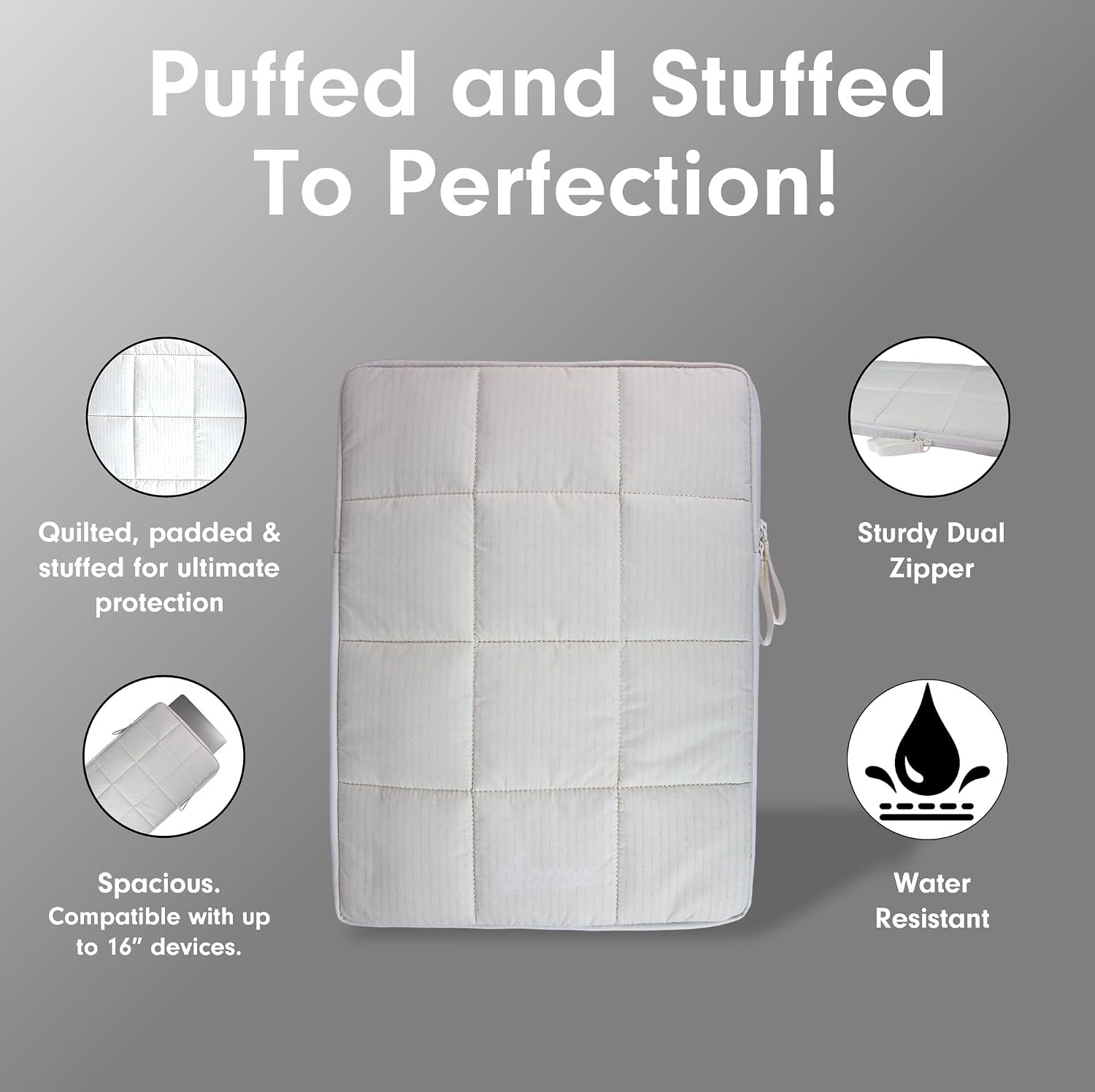 Sleeve for 15-16 Inch Laptop, Quilted Pillow Puffer Carrying Case, Ivory