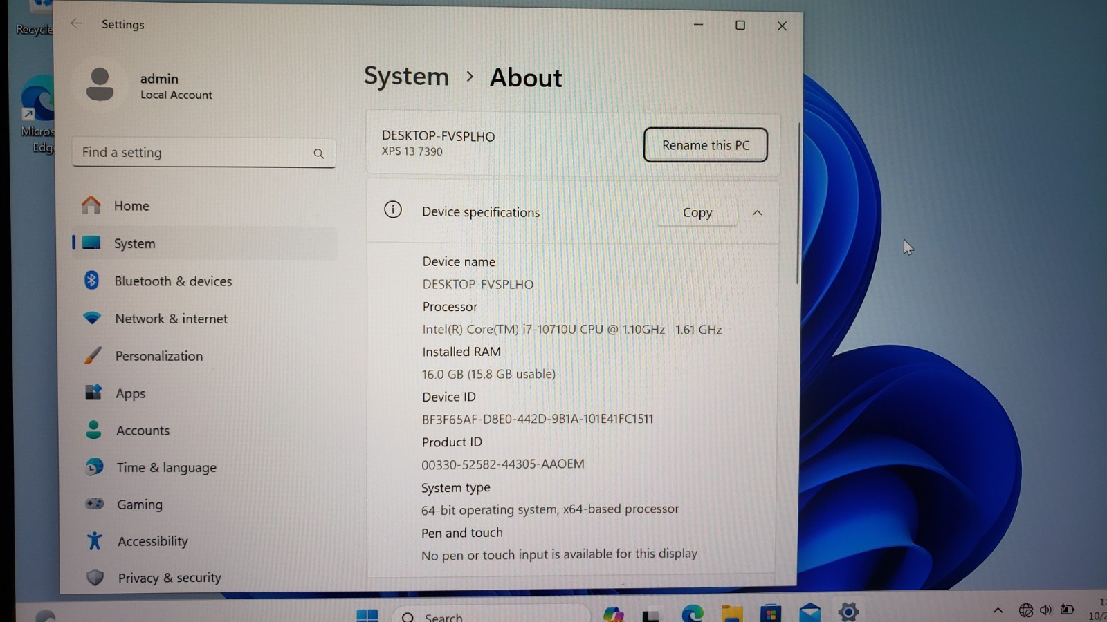 Dell XPS 13 7390 13.3″ 1TB SSD Intel Core i7-10710U 1.10Ghz Windows 11 pro