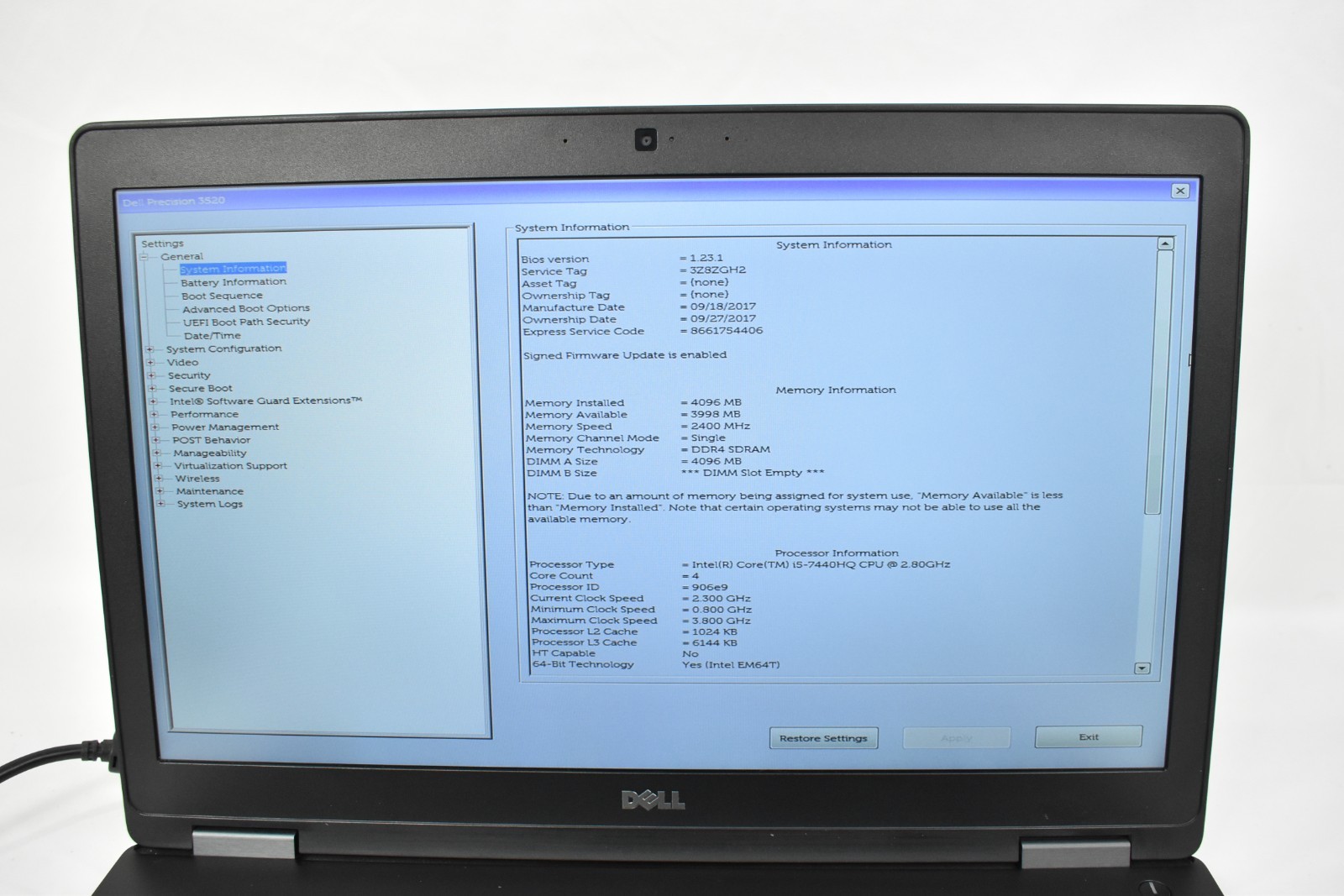 Dell Precision 3520 i5-7440HQ 2.8GHz 4GB 128GB SSD No OS For Parts or Repair