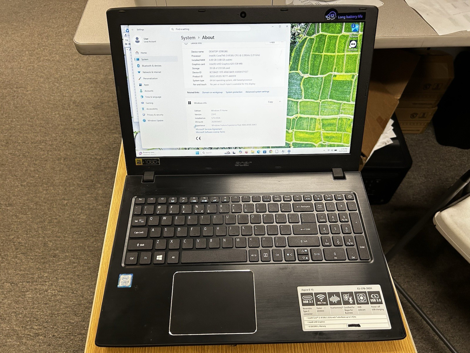 Laptop Acer Aspire E 15 15.6″ i3-8130U 6GB 250 gb hdd, Win11 home Black, TESTED