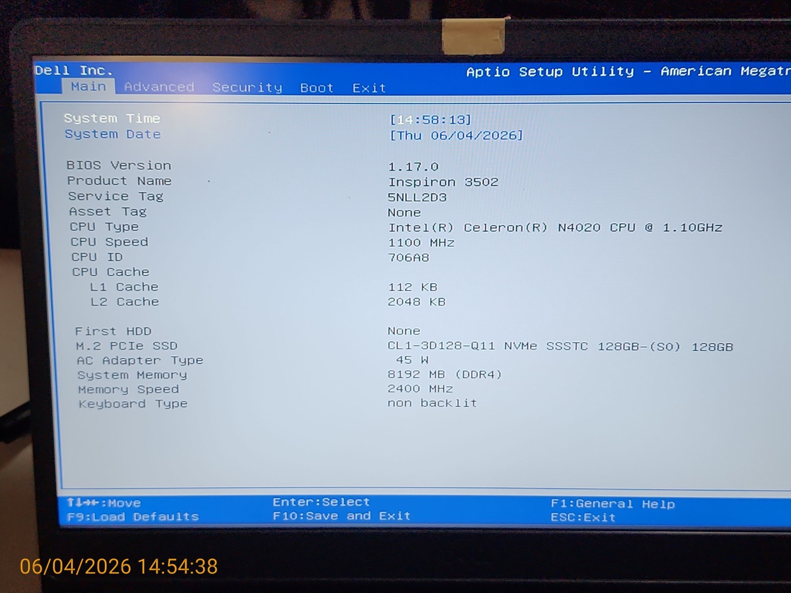 Dell Inspiron 15 3502 – Celeron N4020 @ 1.10GHz – 8G DDR4 – 128G NVMe