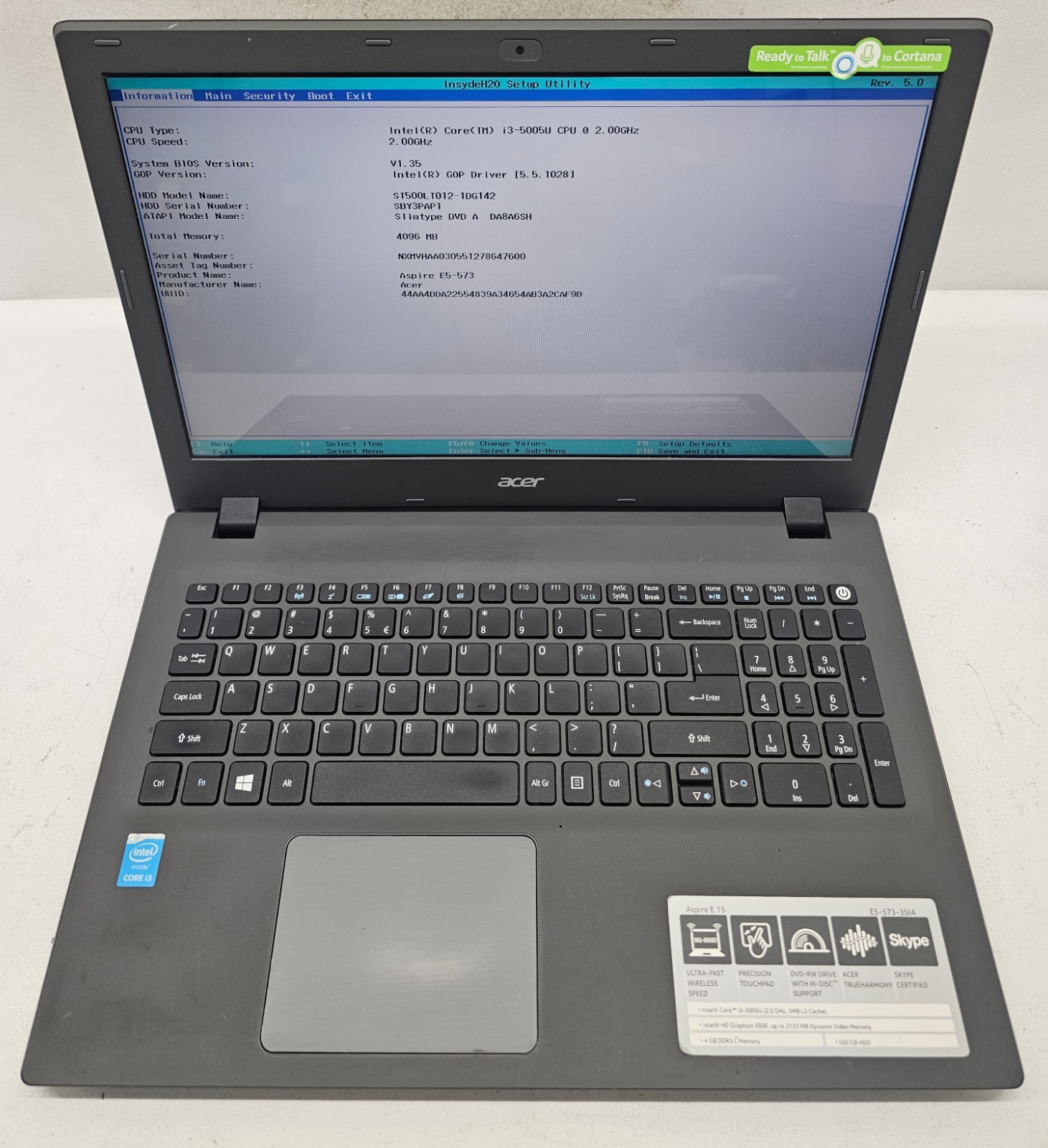 Acer Aspire E15 E5-573-35IA Laptop Intel i3-5005U 4GB RAM 500GB HDD NO OS (FL)