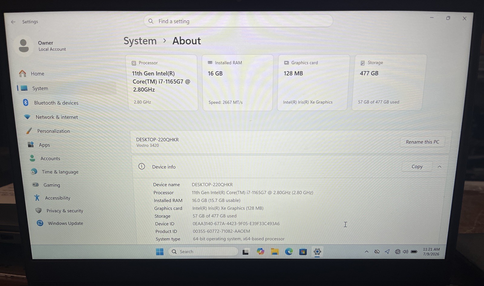 Dell Vostro 3420 14″ i7-1165G7@2.80GHz, 16GB RAM, 512 GB M.2, Win 11 Pro