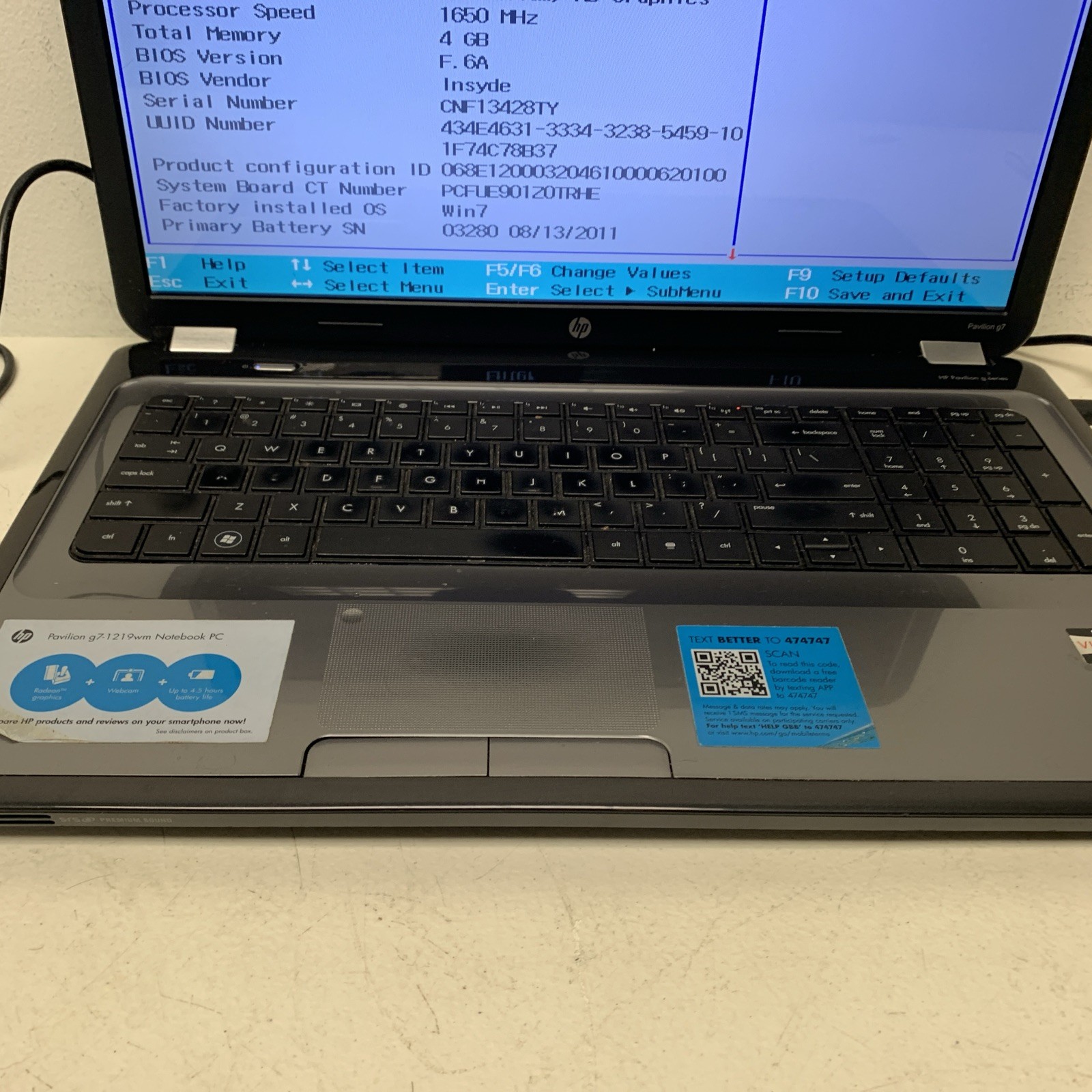 HP Pavilion G7-1219WM AMD E-450 1650MHz 4 GB NO HDD