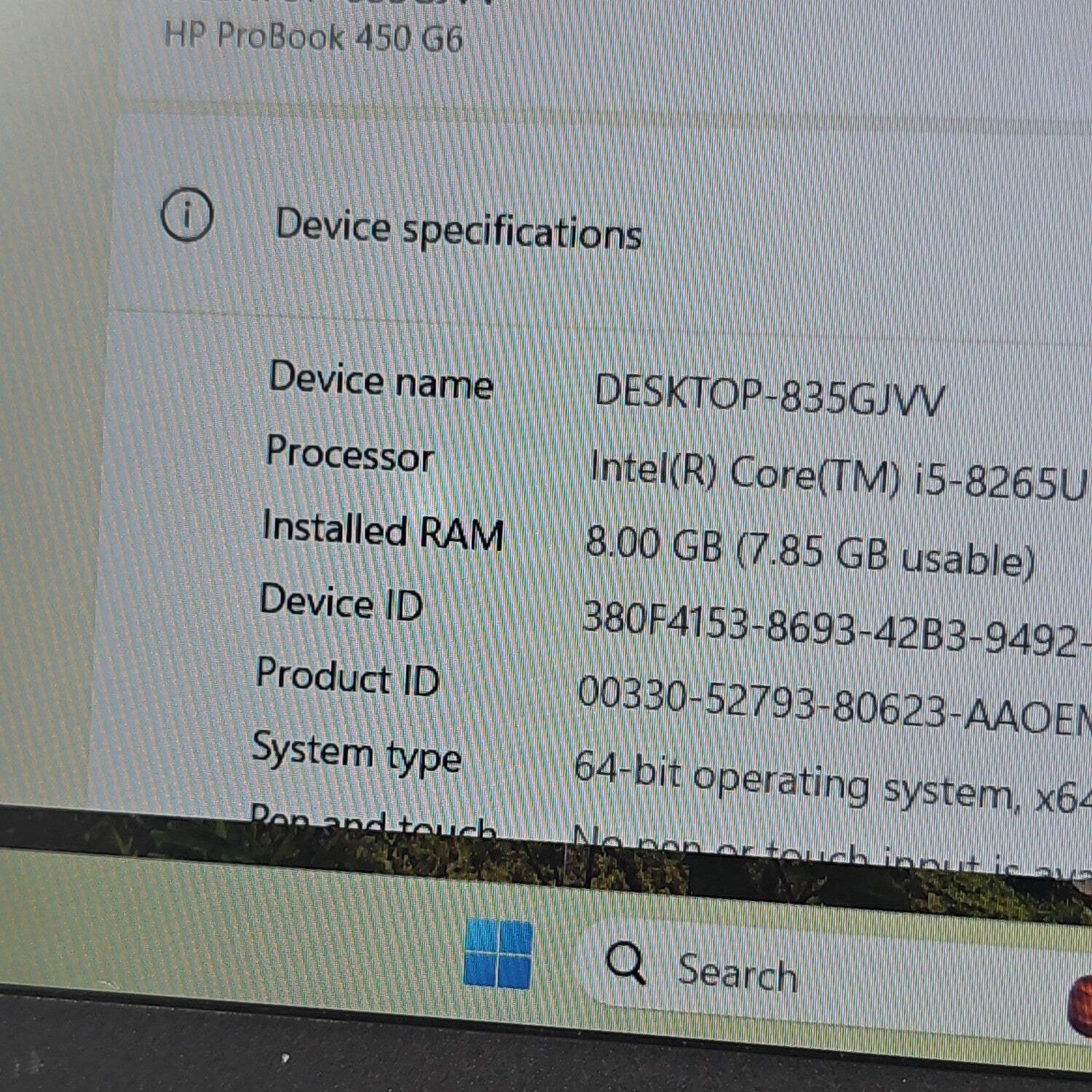 Broken HP ProBook 450 G6 15.6″ i5-8265U 1.6GHz 8GB RAM 256GB SSD LCD Bright Spot