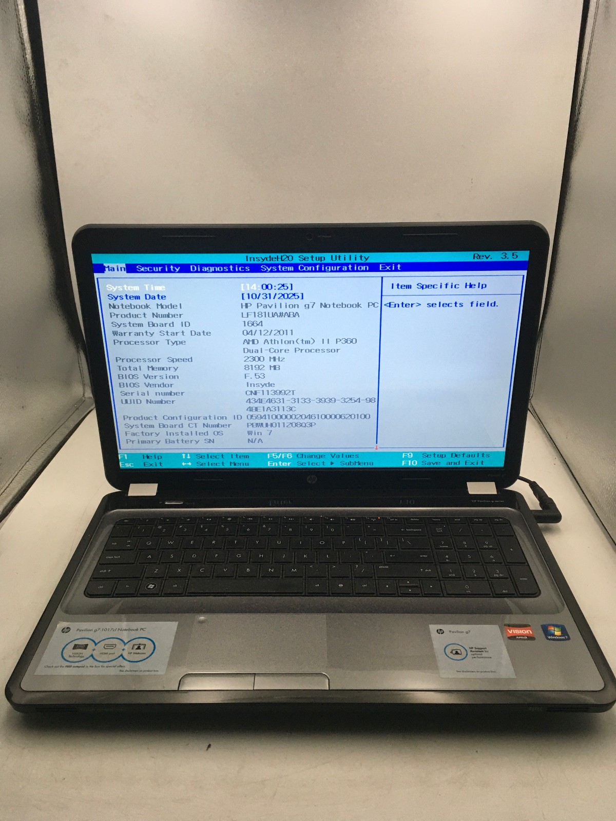 HP PAVILION G7 1017CL – BOOTS TO BIOS – AMD ATHLON II – NO RAM – READ DESC – BB