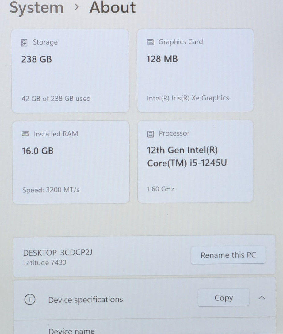 Dell Latitude 7430 14″ Intel i5-1245U 1.60GHz 16GB 256GB NVMe W11H 1JVCWT3
