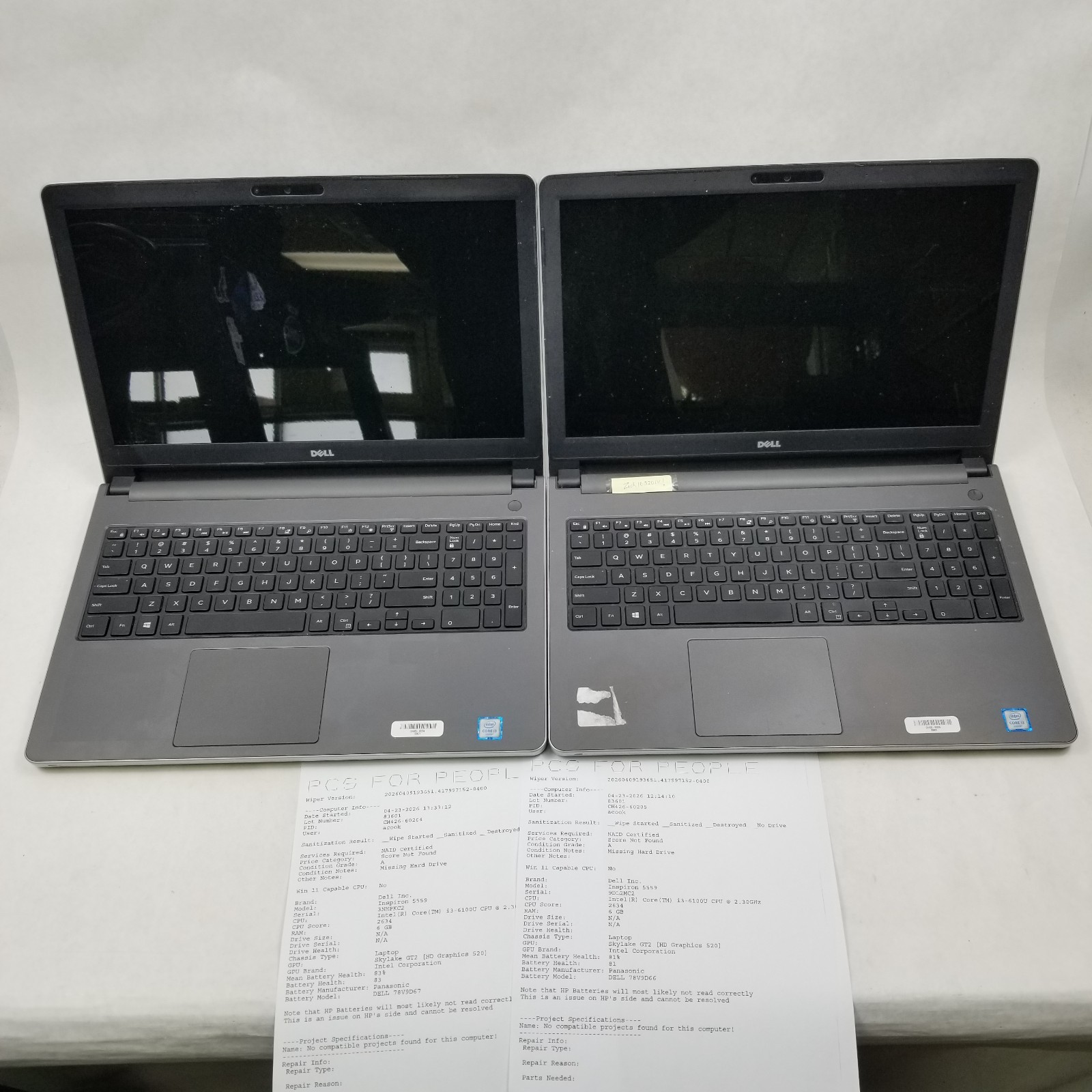 Lot of 5 Dell Inspiron Intel 6th – 8th Laptops Mixed Specs – 5566 / 5559 / 5570