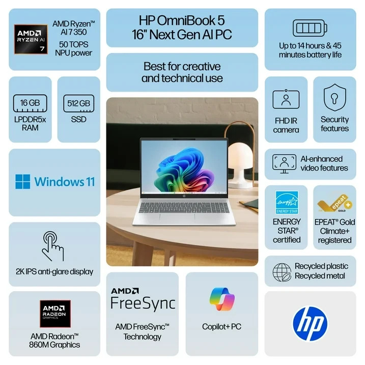 HP 16” OmniBook 5 Ryzen 7 350 2GHz 16GB RAM 512GB SSD Silver 16-ag1070wm