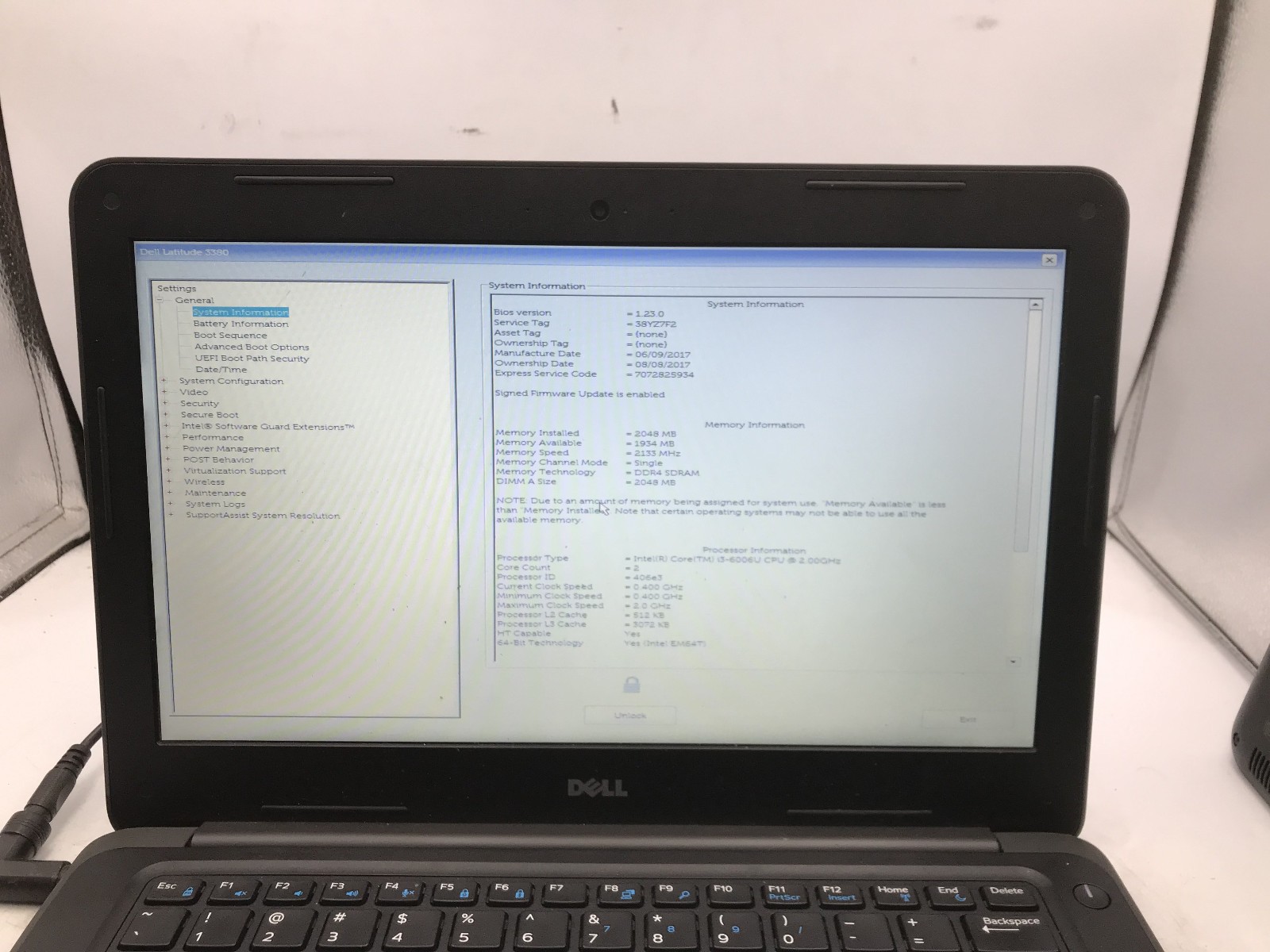 DELL LATITUDE 3380 – BOOTS TO BIOS/LOCKED – INTEL I3 6006U -NO RAM-READ DESC- BB