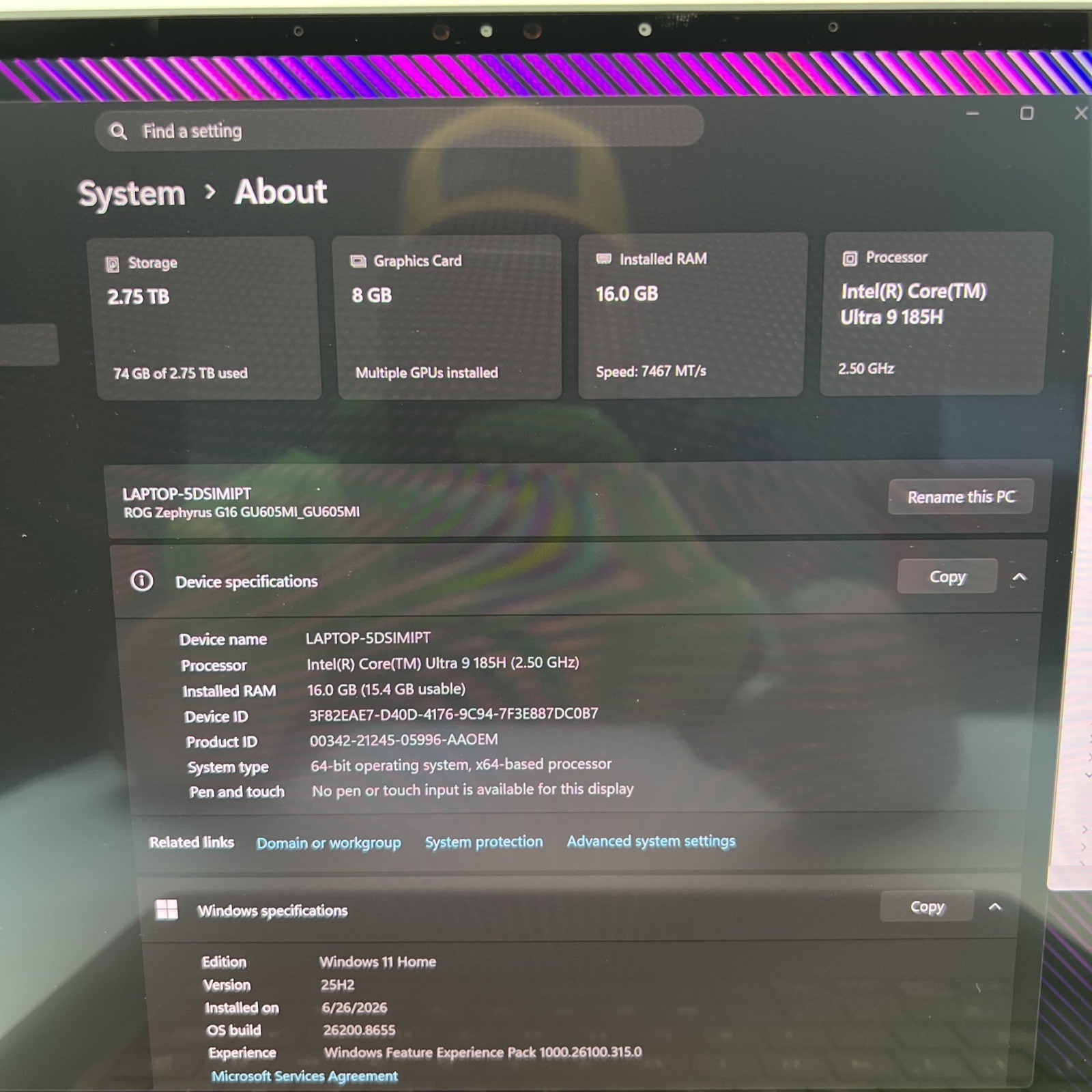 ASUS ROG Zephyrus G16 16″ OLED QHD 240Hz Ultra 9 16GB RAM 3TB SSD RTX 4070 W11H