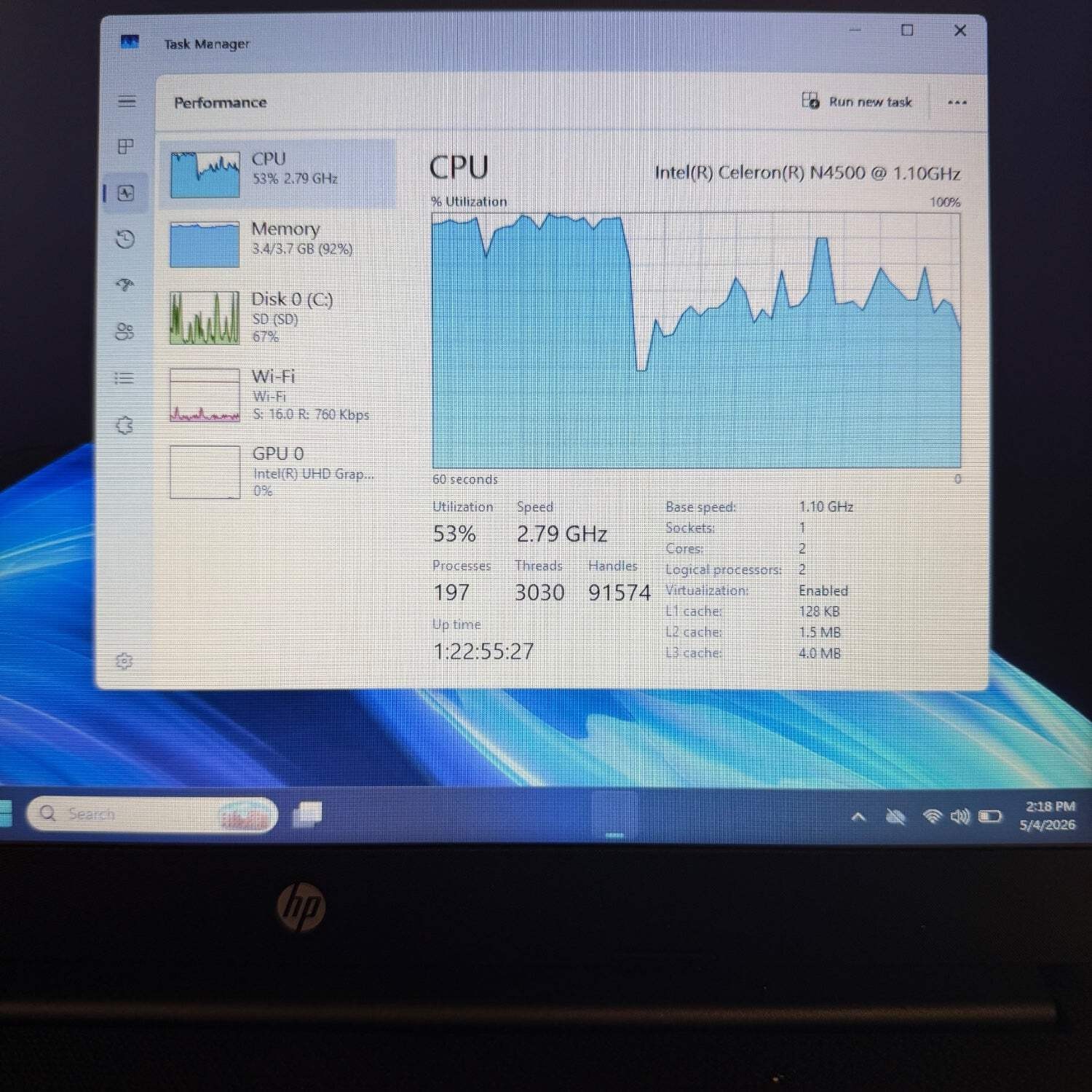 HP Laptop 14-DQ3210NR 14″ Celeron N4500 1.1GHz 4GB RAM 64GB SSD