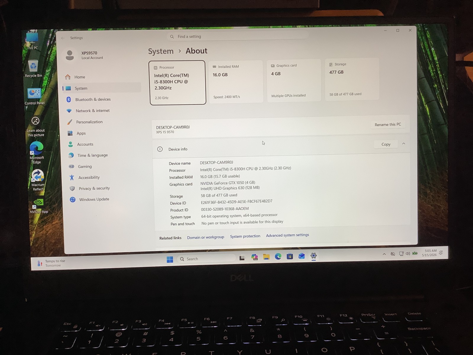 Dell XPS 9570 Gaming-GTX1050, i5-8300H, 16 GB – 512 GB Windows 11 Pro # 1CW33X2