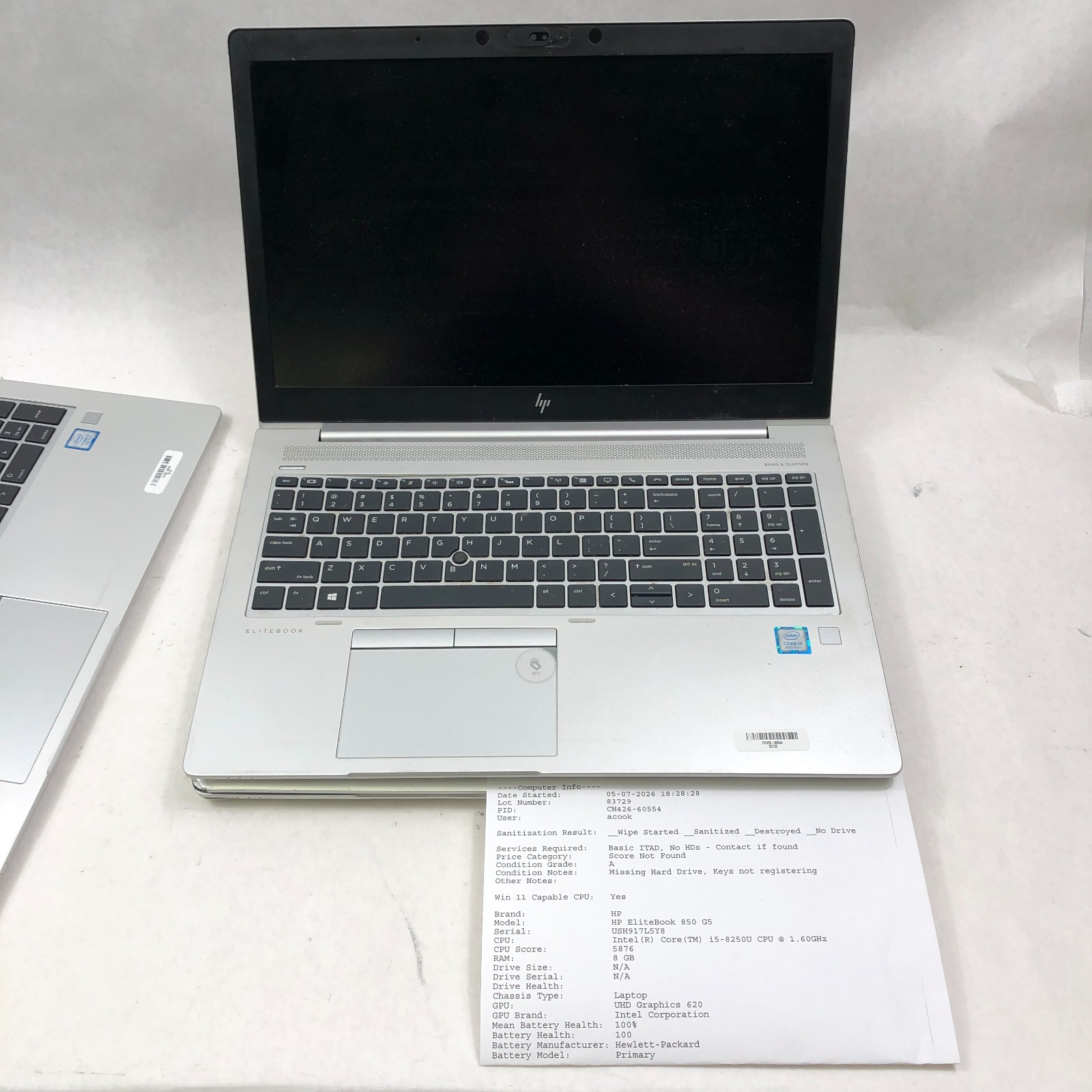 Lot of 3 HP EliteBook 850 G5/G6 15.6″ Core i5-8265U @ 1.60GHz 8GB RAM No SSD