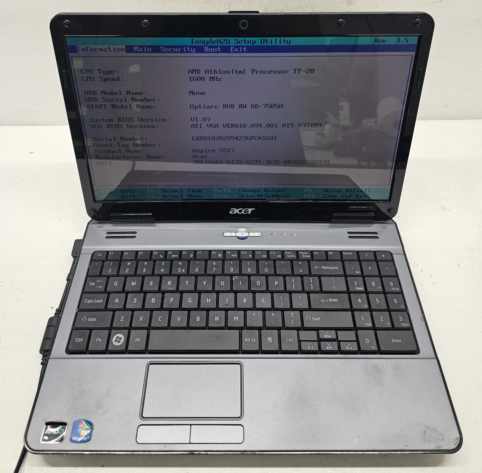 Acer Aspire 5517-5535 Laptop AMD Athlon TF-20 3GB Ram NO HD/OS (FL)