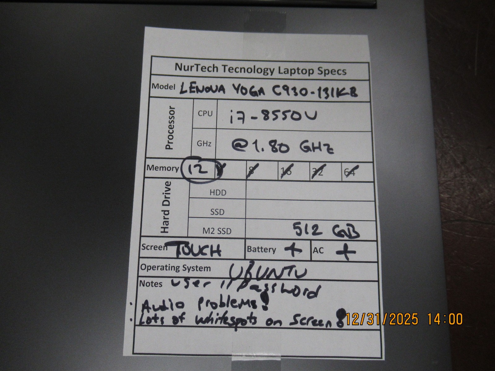 Lenovo Yoga C930-13IKB Touch I7-8550U 1.80GHz 12GB 512GB M2SSD Ubuntu Laptop +AC