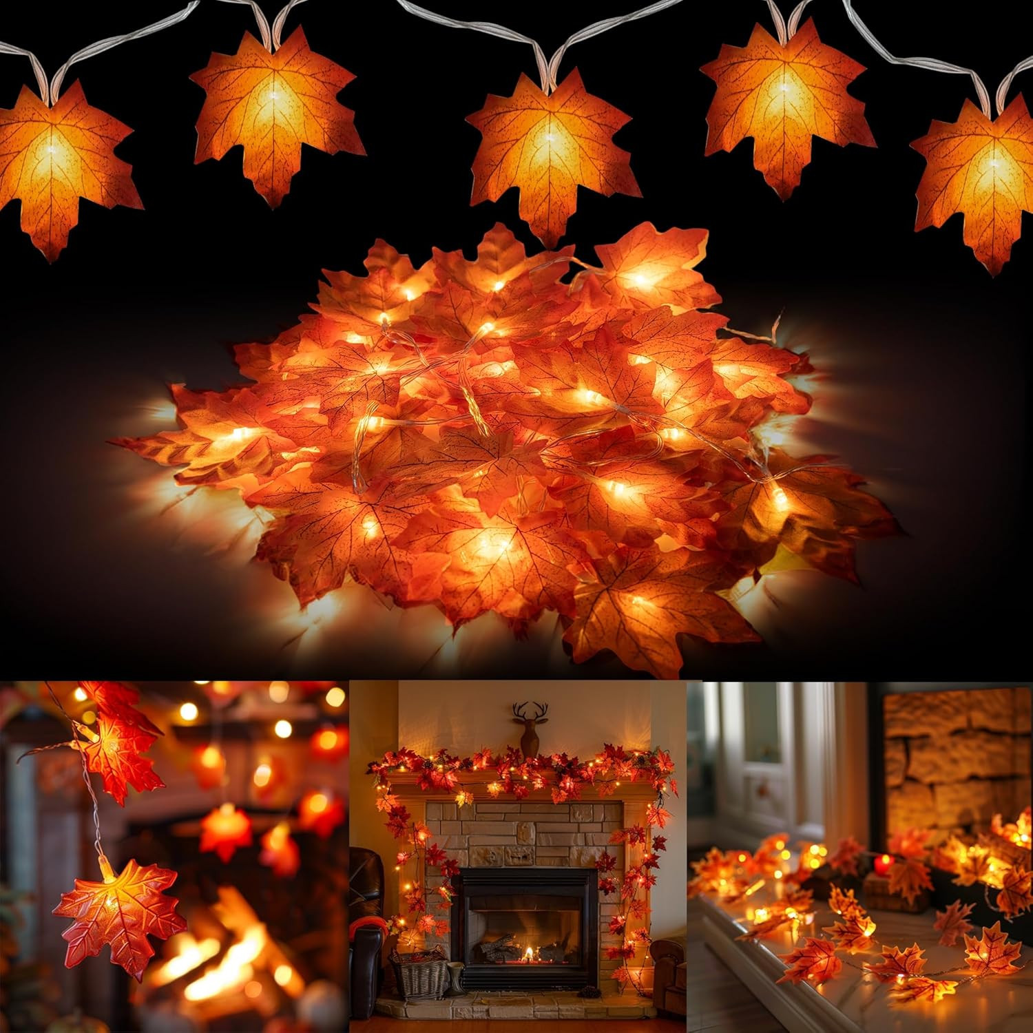 2 Pack Thanksgiving Maple Leaf String Lights, Total 20FT 40 LED Battery Operated