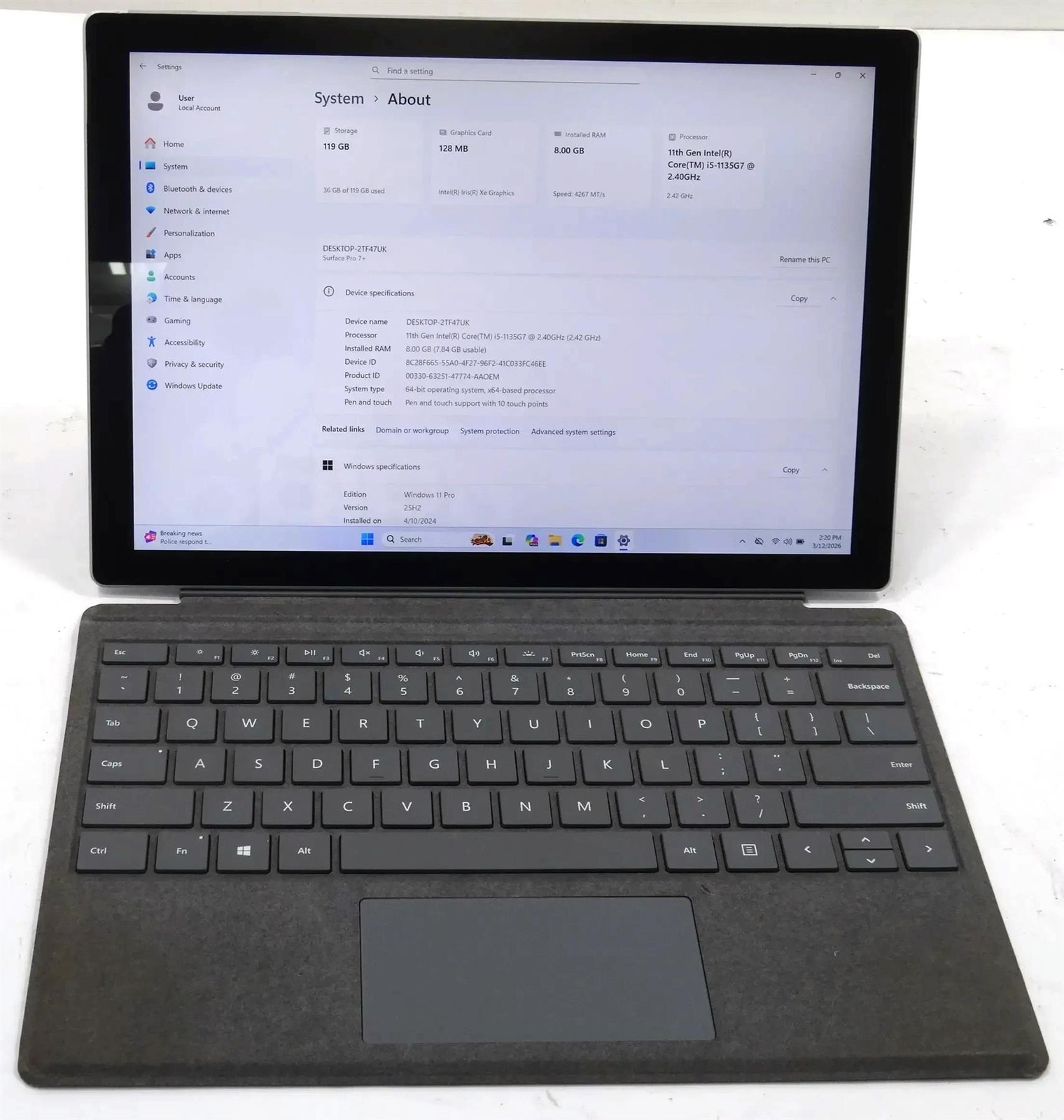 Microsoft Surface Pro 7 plus 1960 Core i5-1135G7 2.4GHz 8GB 128GB