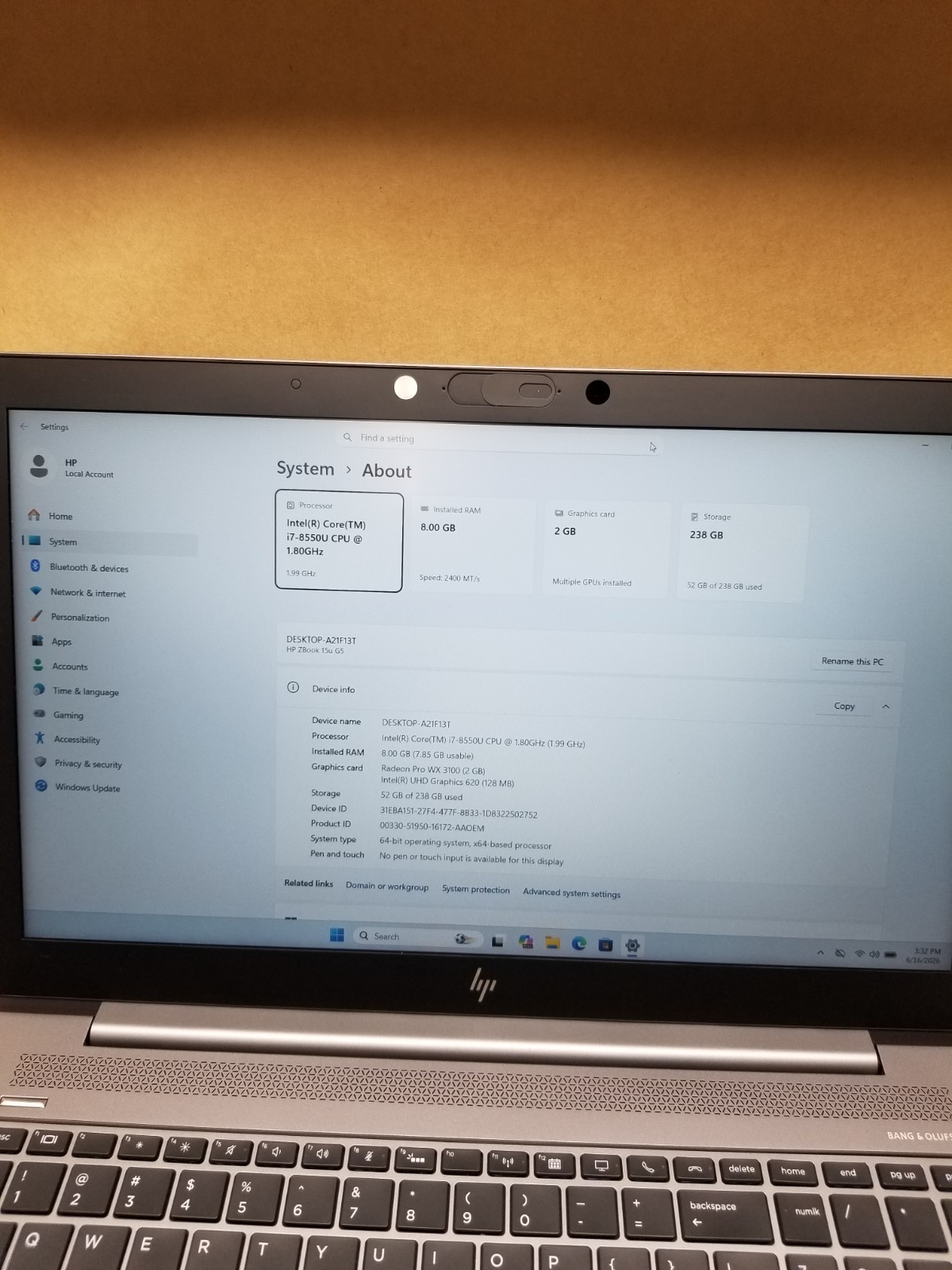 HP Zbook 15u G5 15.6″ Laptop i7-8550U, 8GB RAM 256GB SSD PRO WX 3100 WIN 11 PRO