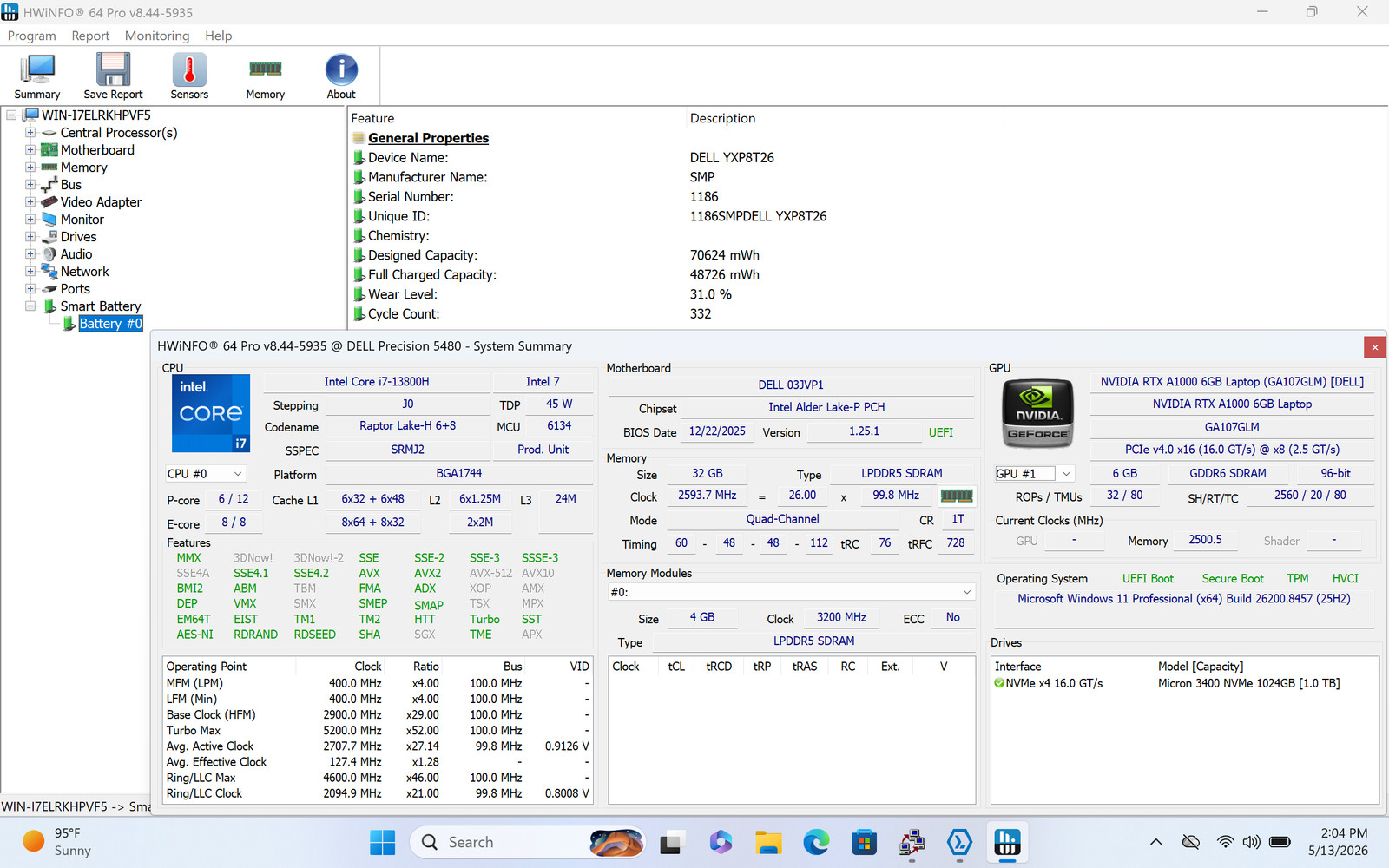 Dell Precision 5480 14″ Touch I7-13800H 1TB 32GB W11P RTX A1000 FPR Warranty