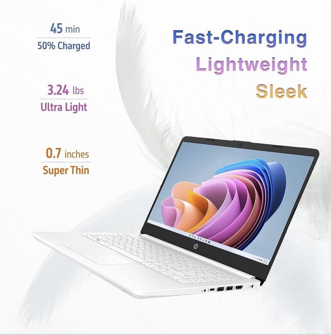 HP 14″ Notebook Laptop White HD Display Fast-Charging Webcam USB Type-C HDMI