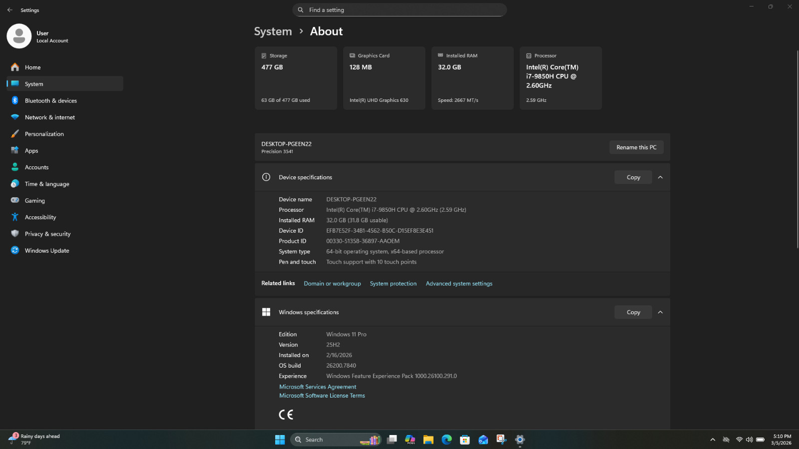 Dell Precision 3541 Mobile Workstation Intel(R) Core(TM)i7-9850H CPU @2.6 GHz 43
