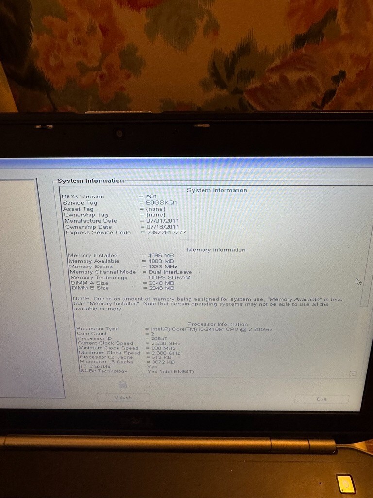 Dell Latitude E5520 – i5-2410M / 4GB RAM / No HDD / Turns On to BIOS – AS-IS 🔧