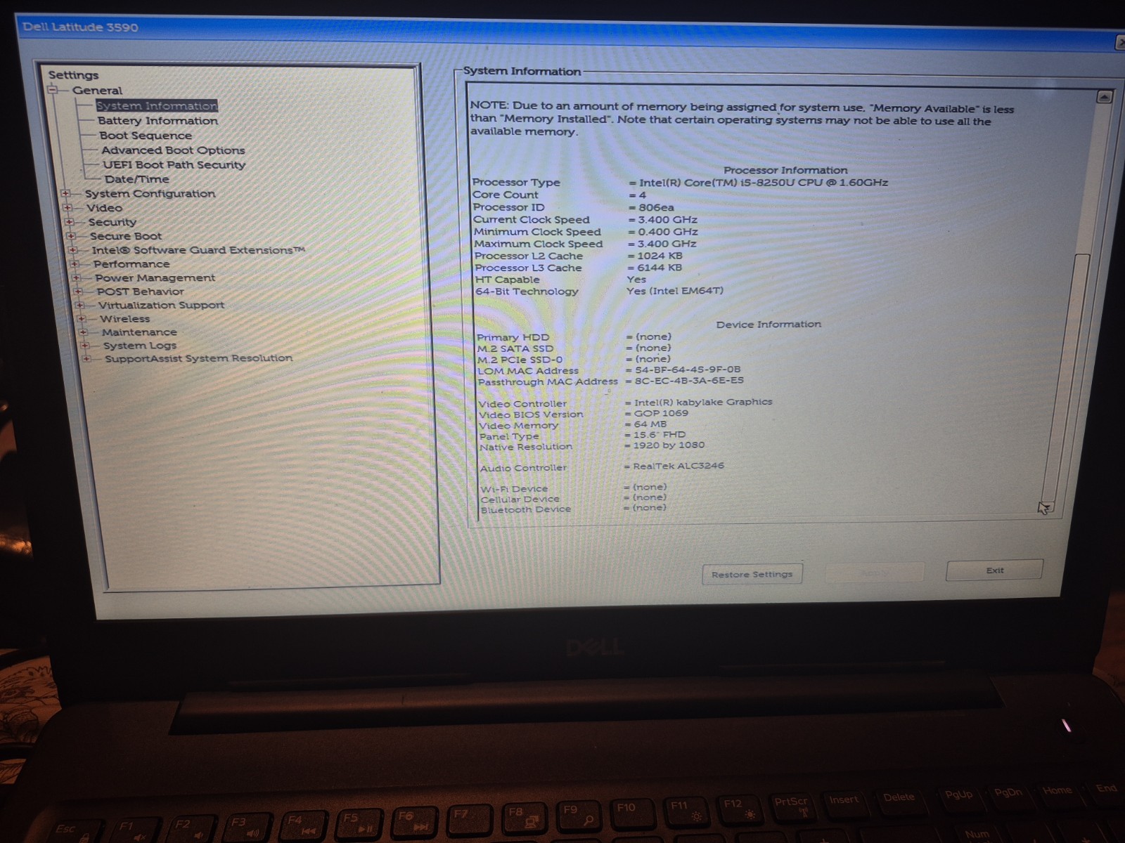 Dell Latitude 3590 Intel Core i5-8250U 1.60GHz 8GB RAM 15.6″ NO DRIVE