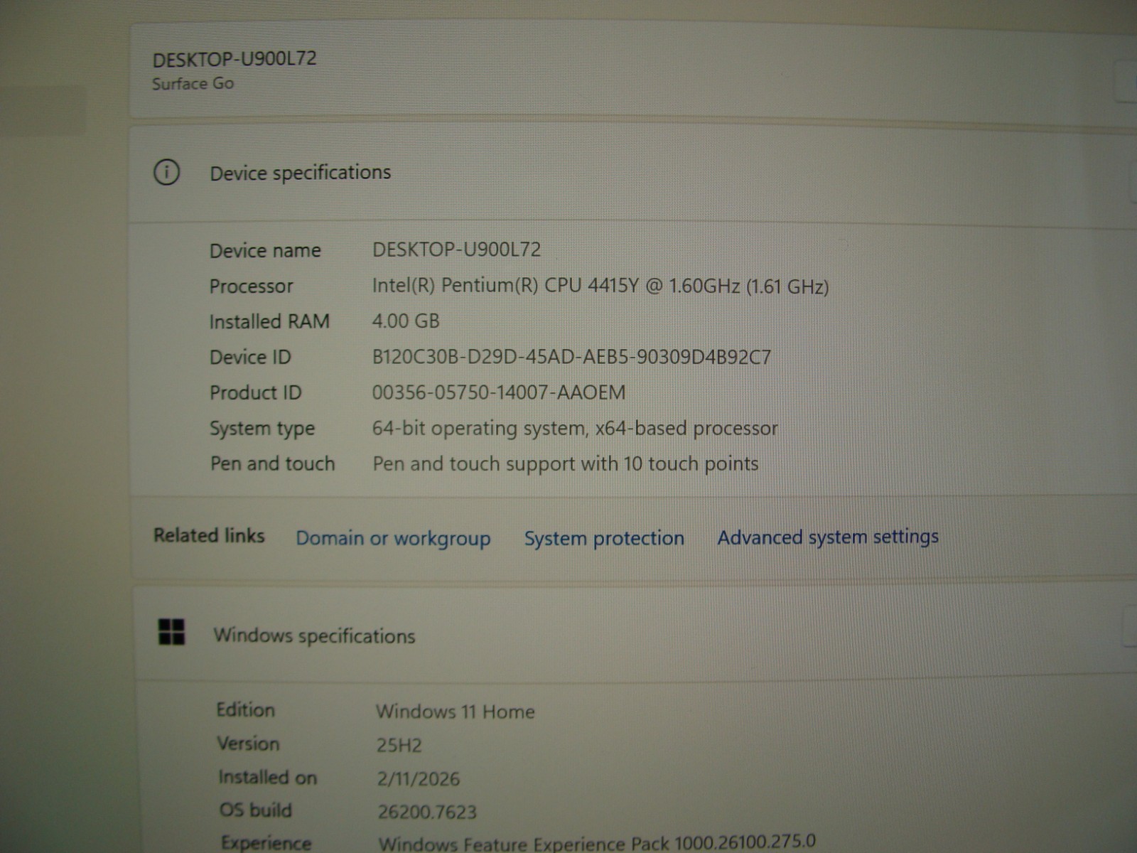 MS Surface Go M1824 10″ 1800×1200 TOUCH pentium 4415Y 1.6GHz 4GB 64GB Win11 Home