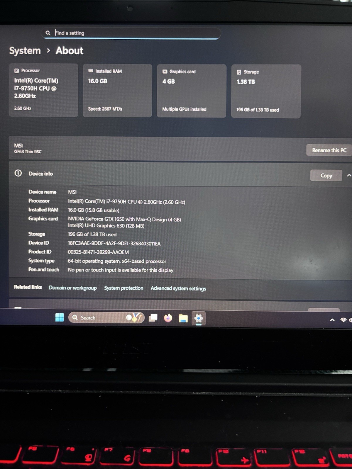 MSI GF63 Thin 9SC 15.6″ Gaming i7-9750H 16GB 1TB SSD GTX 1650 W11