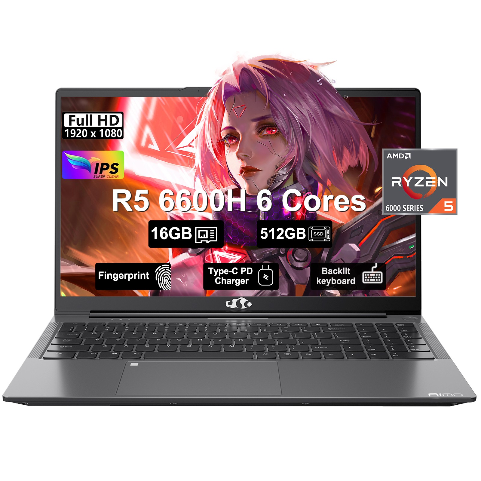 NIMO 15.6” Gaming-Laptop 6-Cores AMD Ryzen 5 6600H 16GB DDR5 512GB SSD 4.5GHz