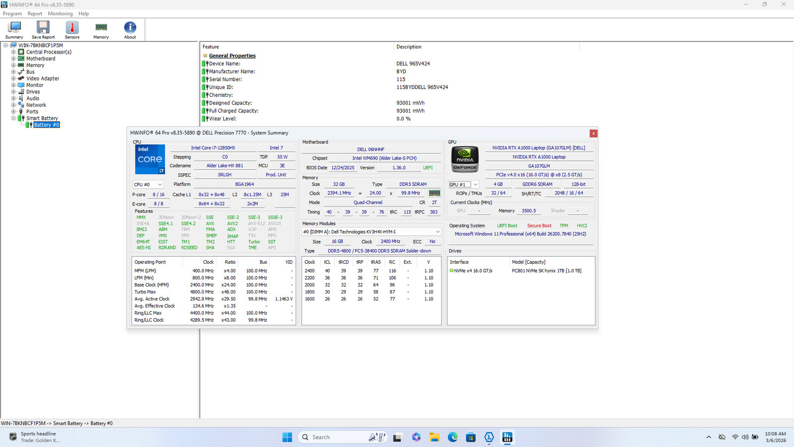 Dell Precision 7770 17″ FHD I7-12850HX 1TB 32GB W11P RTX A1000 GPU Webcam IRCam