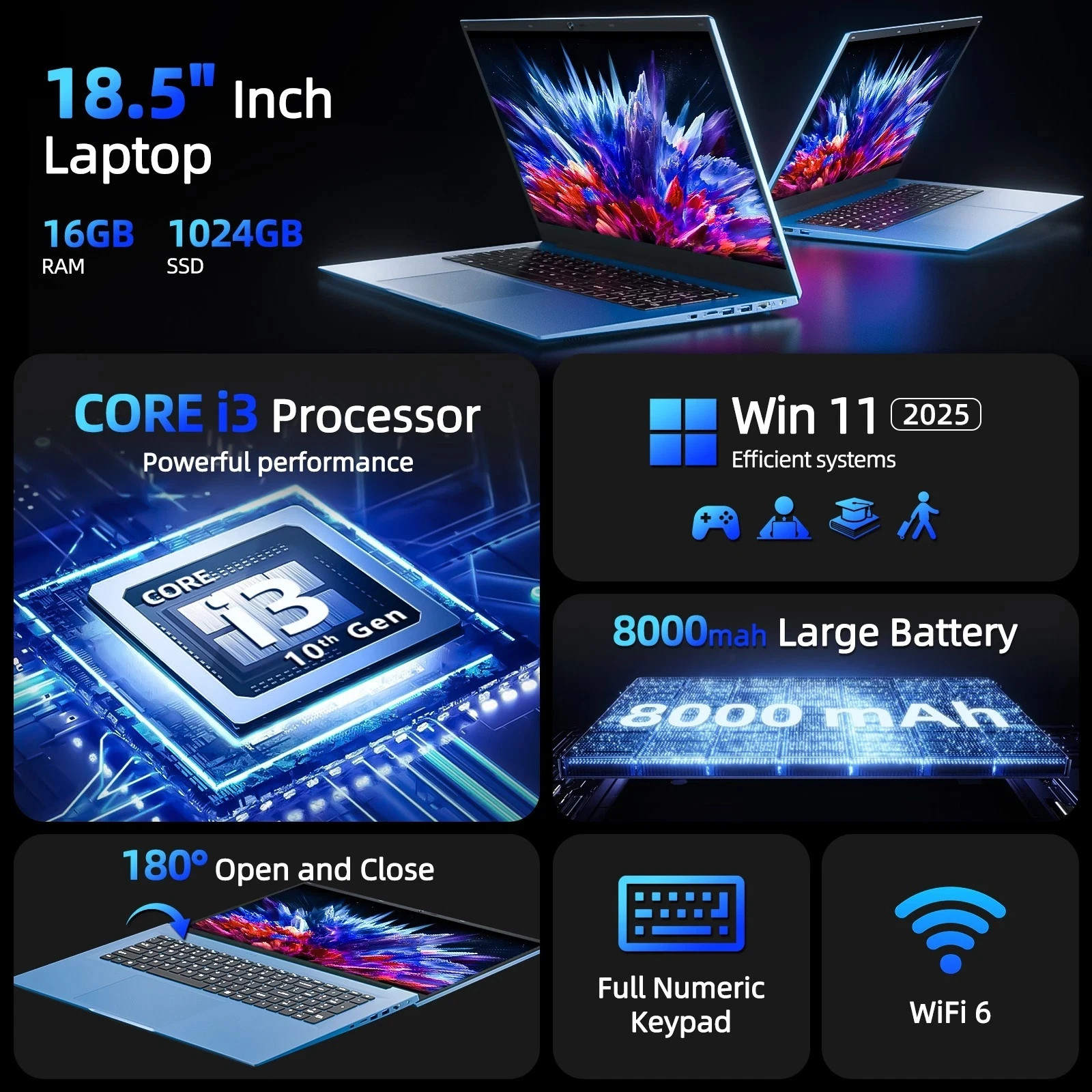 NEW 18.5″ Laptop Win11 Home Core i3 16GB RAM 1TB SSD Wi-Fi 6 RJ45 USB-C