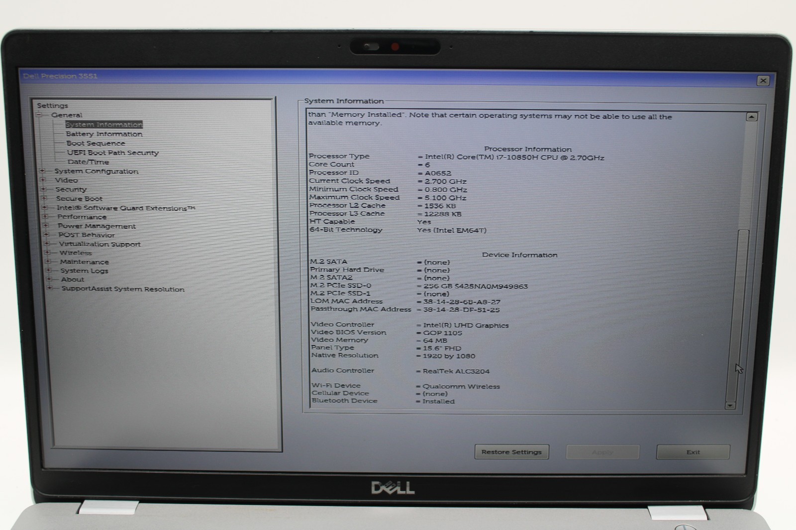 Dell Precision 3551 _ i7-10850H _ 16GB / 256GB _ NVIDIA P620 _ W11H