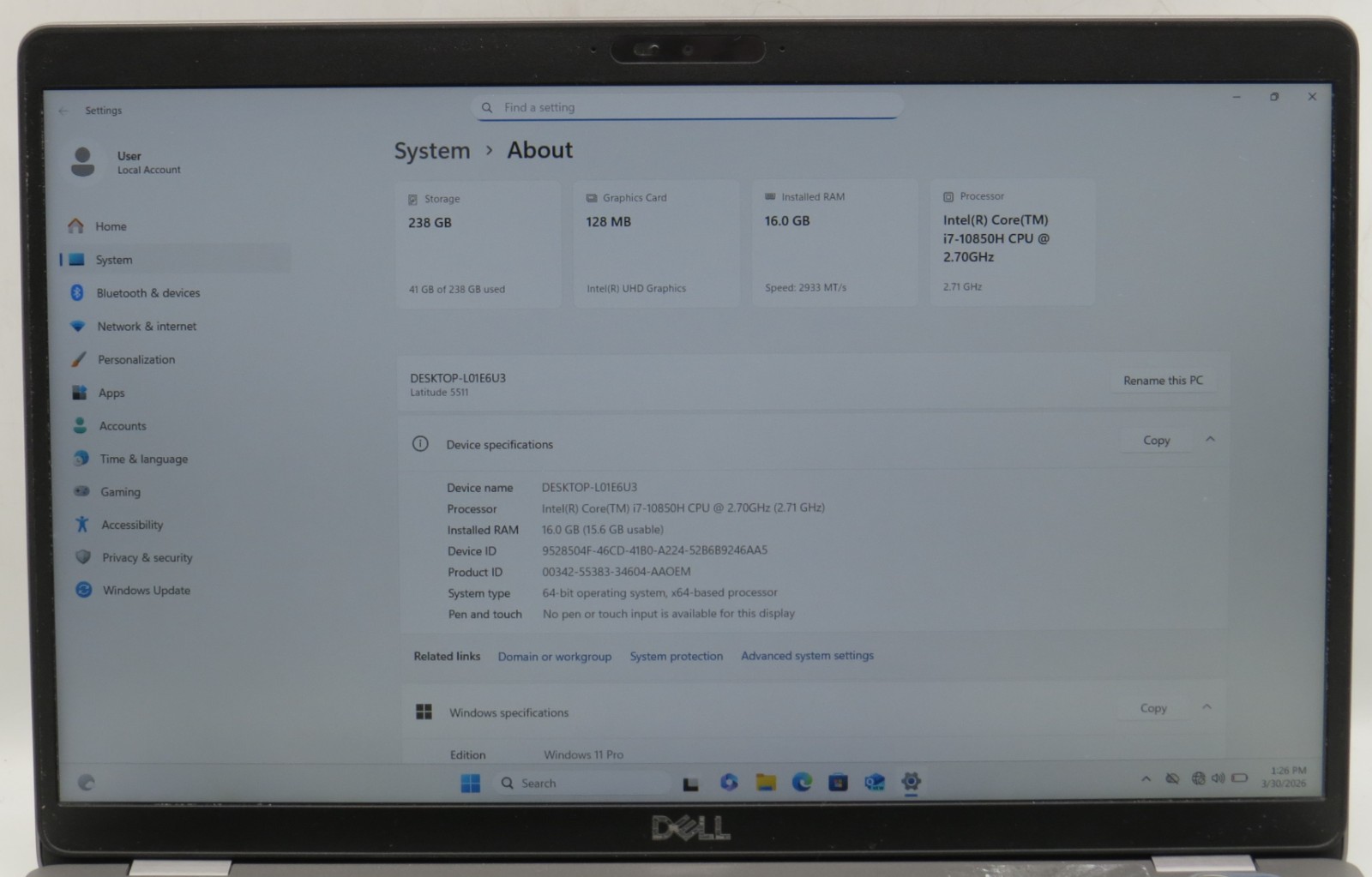 Dell Latitude 5511 i7-10850H 16GB DDR4 RAM 256GB m.2 Win 11 Pro