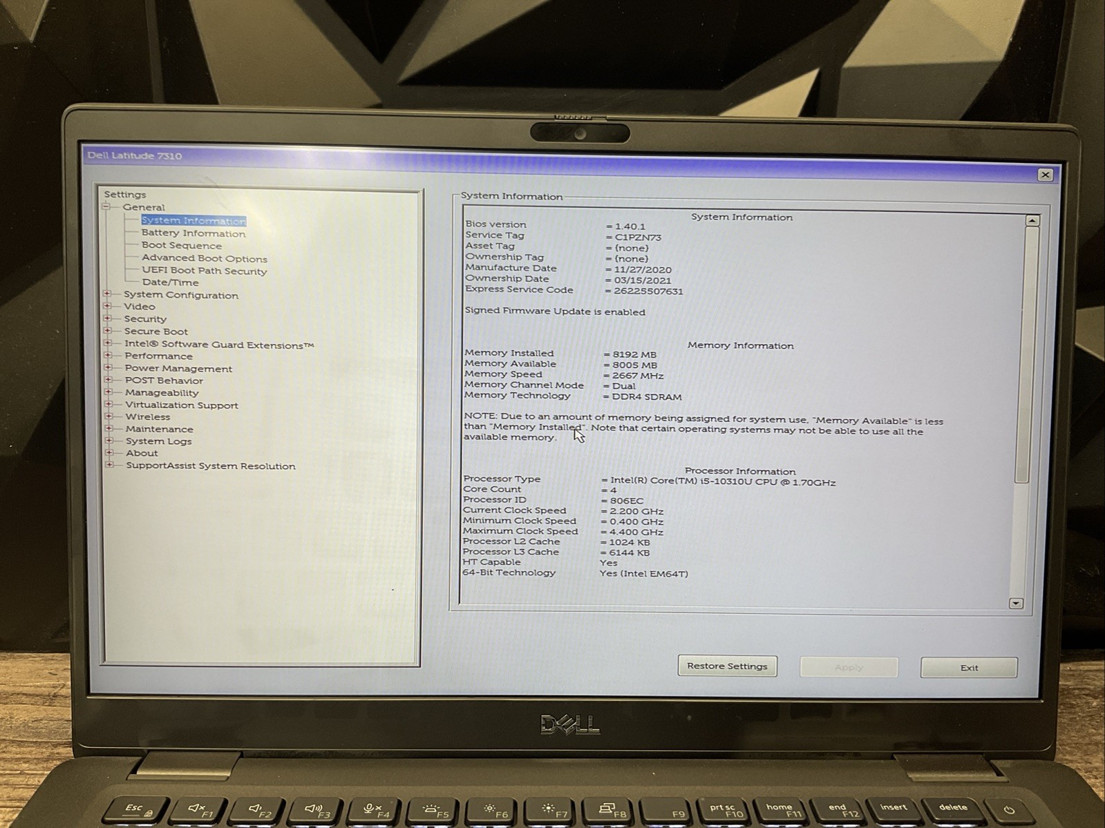 Latitude 7310 / i5 10th / 8GB RAM Laptop Notebook PC / T15