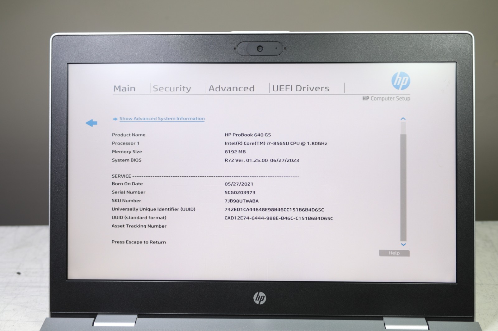 HP ProBook 640 G5 Intel Core(TM) i7-8565U CPU 1.80GHz-8GB RAM-256GB NVMe-NO OS