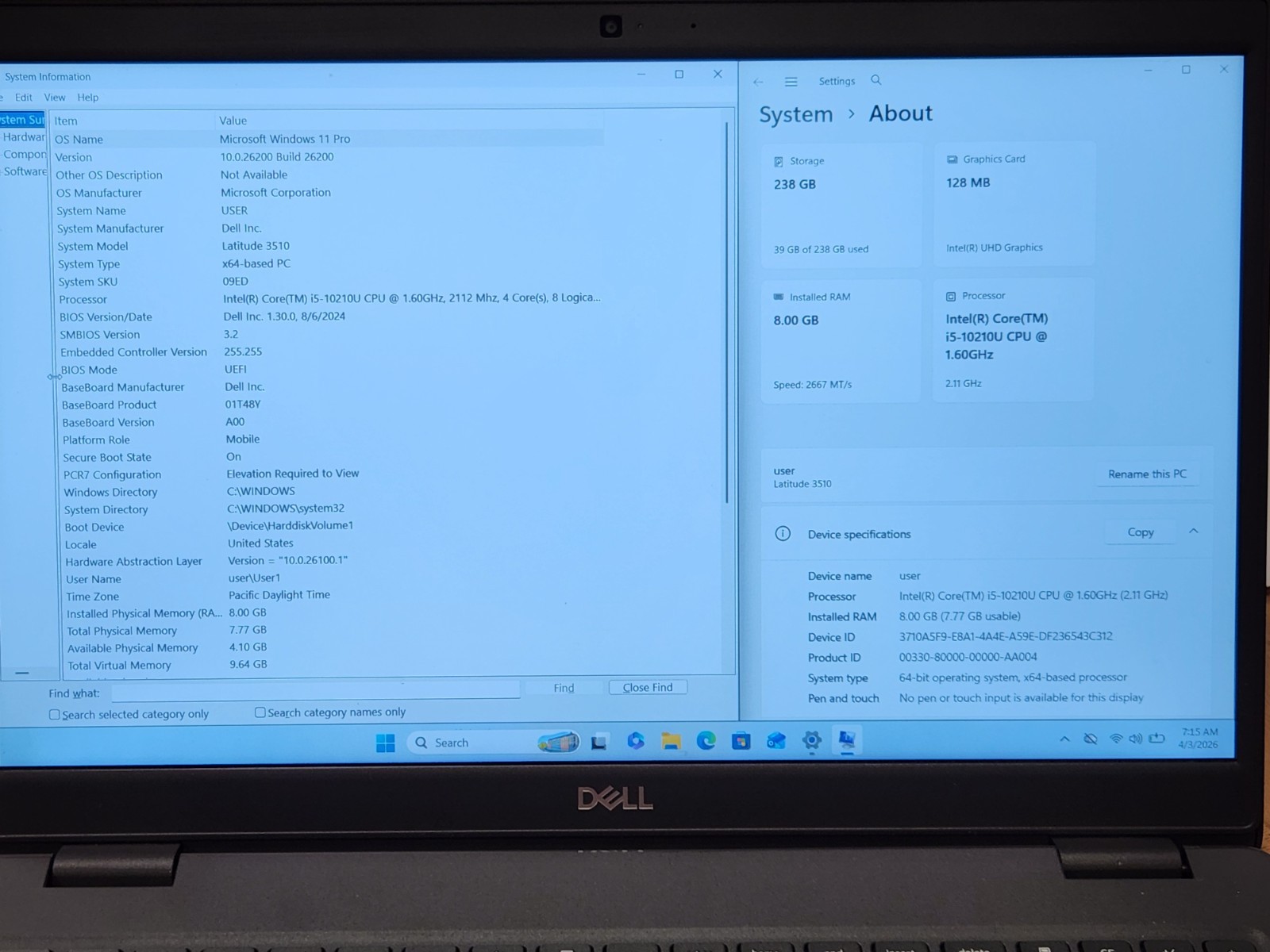 Dell Latitude 3510 15.6″ Laptop i5-10210U 1.60GHz 8GB 256GB SSD W11P AC *READ*