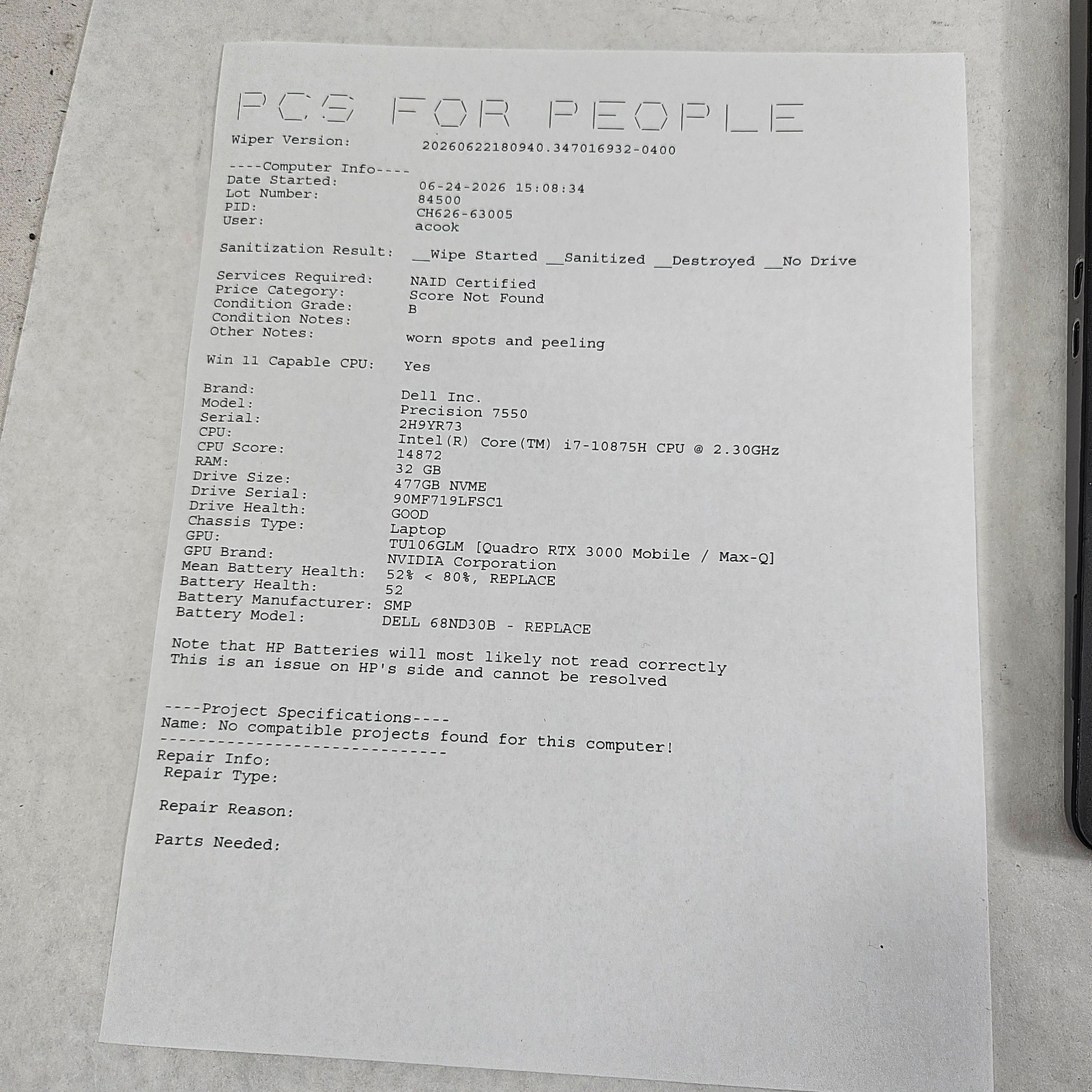 Dell Precision 7550 15.6″ FHD i7-10875H 32GB 512GB SSD NVIDIA RTX 3000 *Read