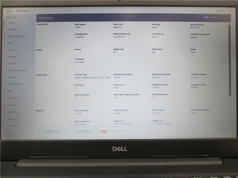Dell Inspiron 3593 Laptop i3-1005G1 1.2GHz 8GB 500GB HDD No OS