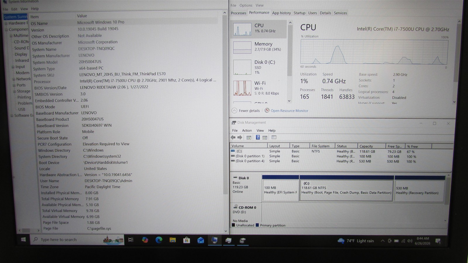 Lenovo Thinkpad E570 i7-7500U 2.7GHz 8GB RAM 128GB m.2 15.6″ Windows 10 Pro DMG