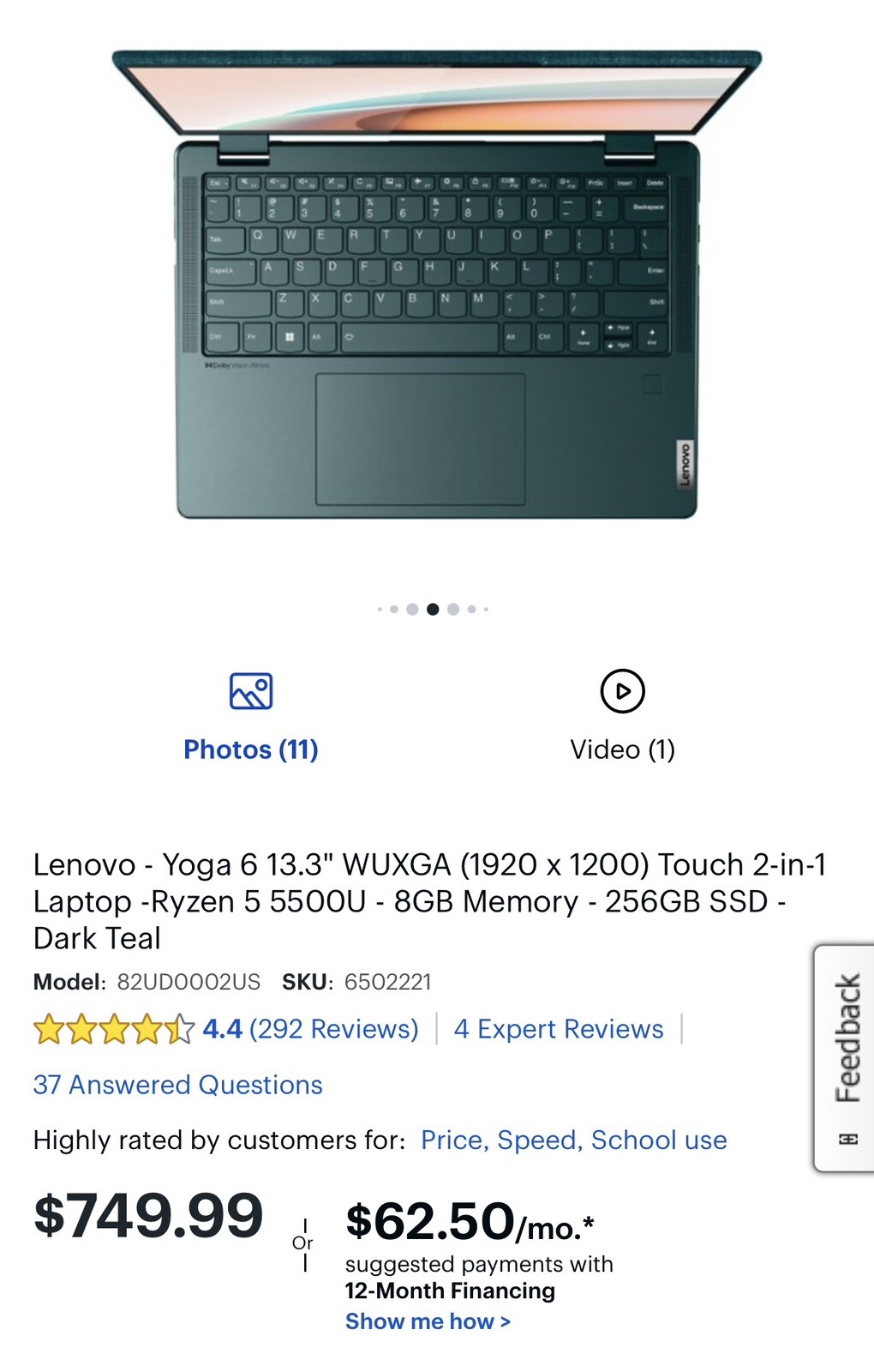 Lenovo Yoga 6 13ALC7 13.3″ (256GB SSD, AMD Ryzen 5 5000 Series, 4.0 GHz, 8GB)…
