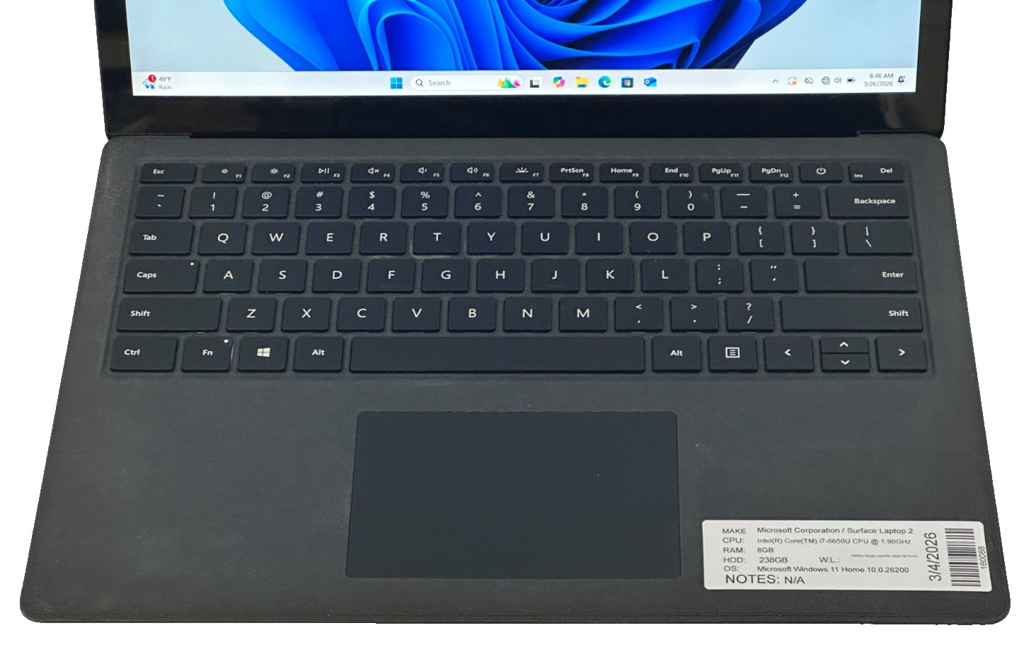 MICROSOFT SURFACE 2 LAPTOP i7-8650u @ 1.90 GHZ 8GB RAM 238GB SSD (lp684)