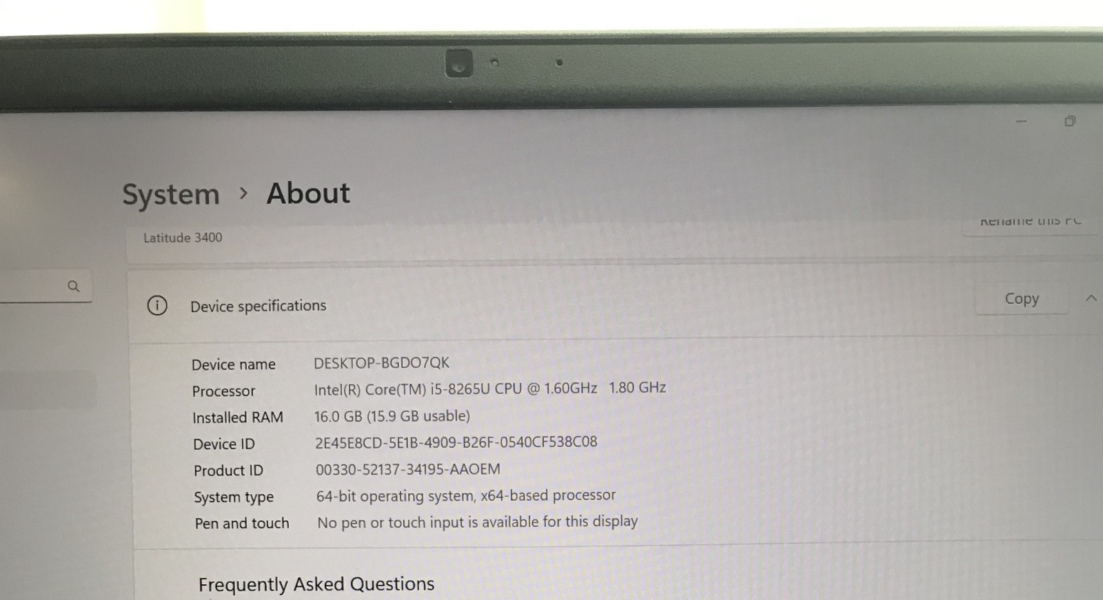 DELL LATITUDE 3400 i5-8265U@1.60GHz 16GB RAM 256GB NVMe W11P *READ