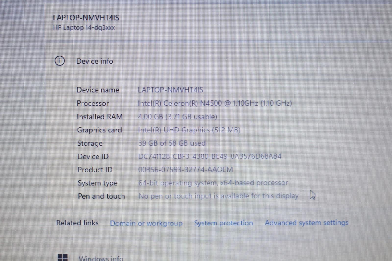 HP 14-dq3140nr 14″ Laptop Intel Celeron N4500 4GB RAM 64GB Win 11