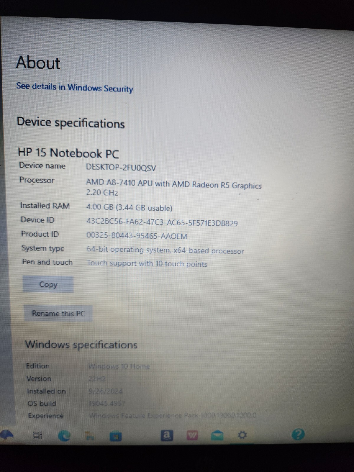 HP 15-1387wm 15.6″ Touchscreen ( AMD A8 @ 2.20GHz, 4GB Ram, 500GB HDD ) Win 10