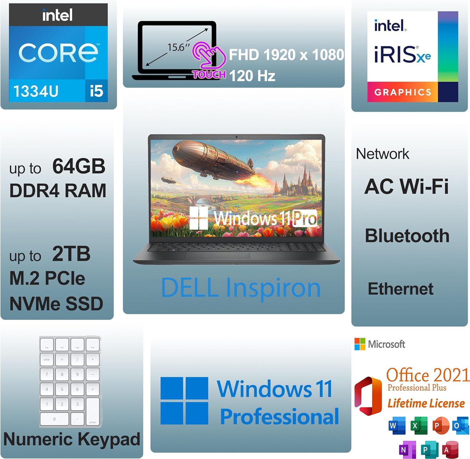Dell Inspiron 15.6″ FHD Touch i5-1334U Up to 64GB RAM & 2TB SSD Win11 Pro+OFFICE