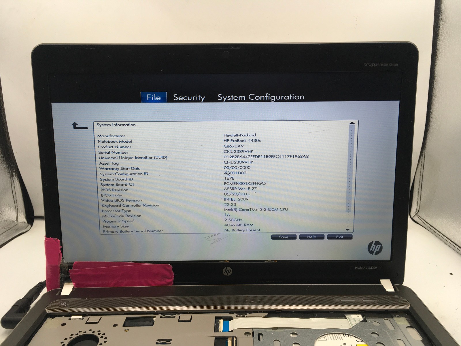 HP PROBOOK 4430S – BOOTS TO BIOS – INTEL I5 2450M – NO RAM – NO OS – READ – BB!!