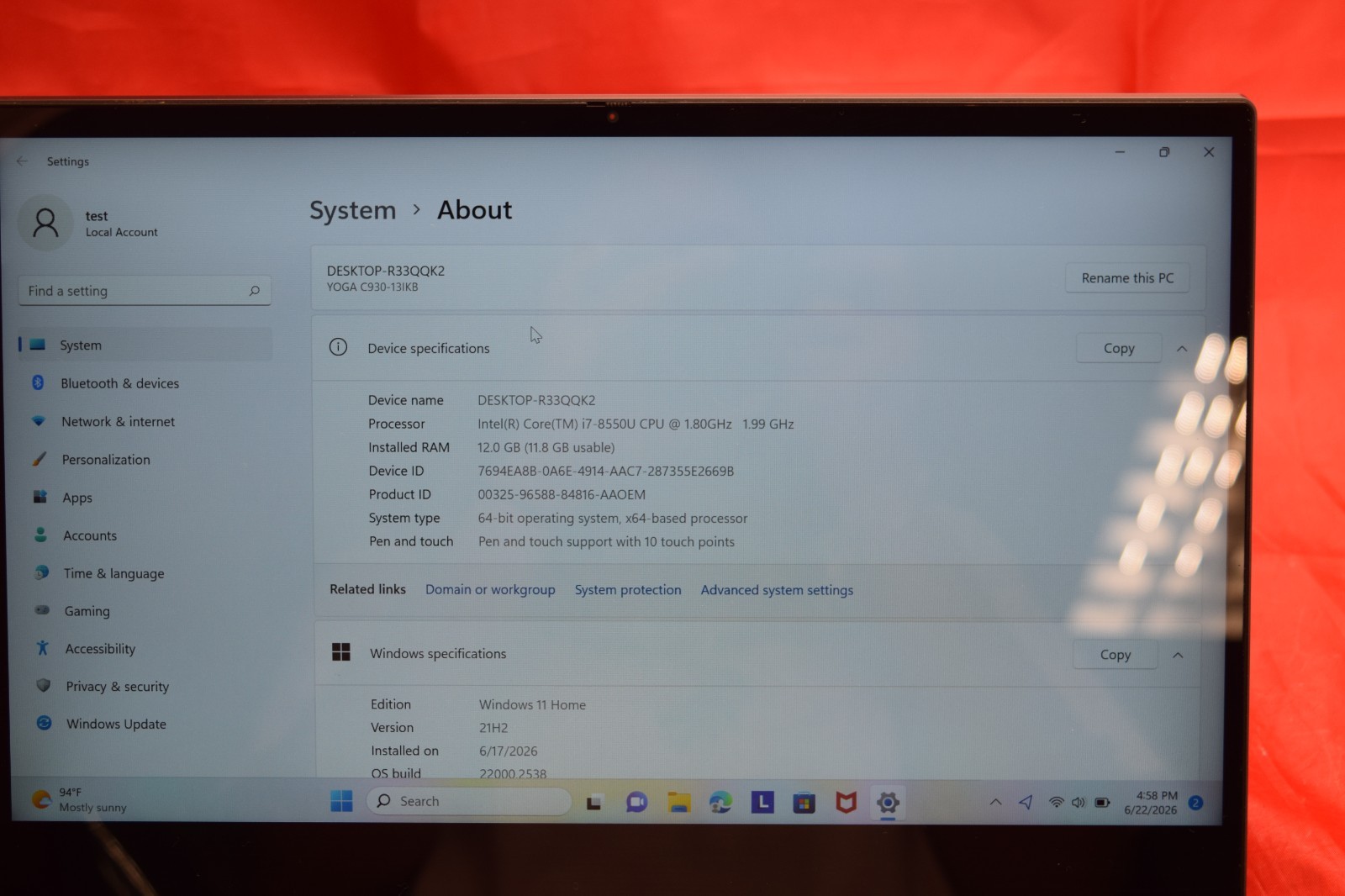 Lenovo Yoga C930-13IKB 13″ FHD Touch I7-8550U 256GB 12GB W11H + Pen
