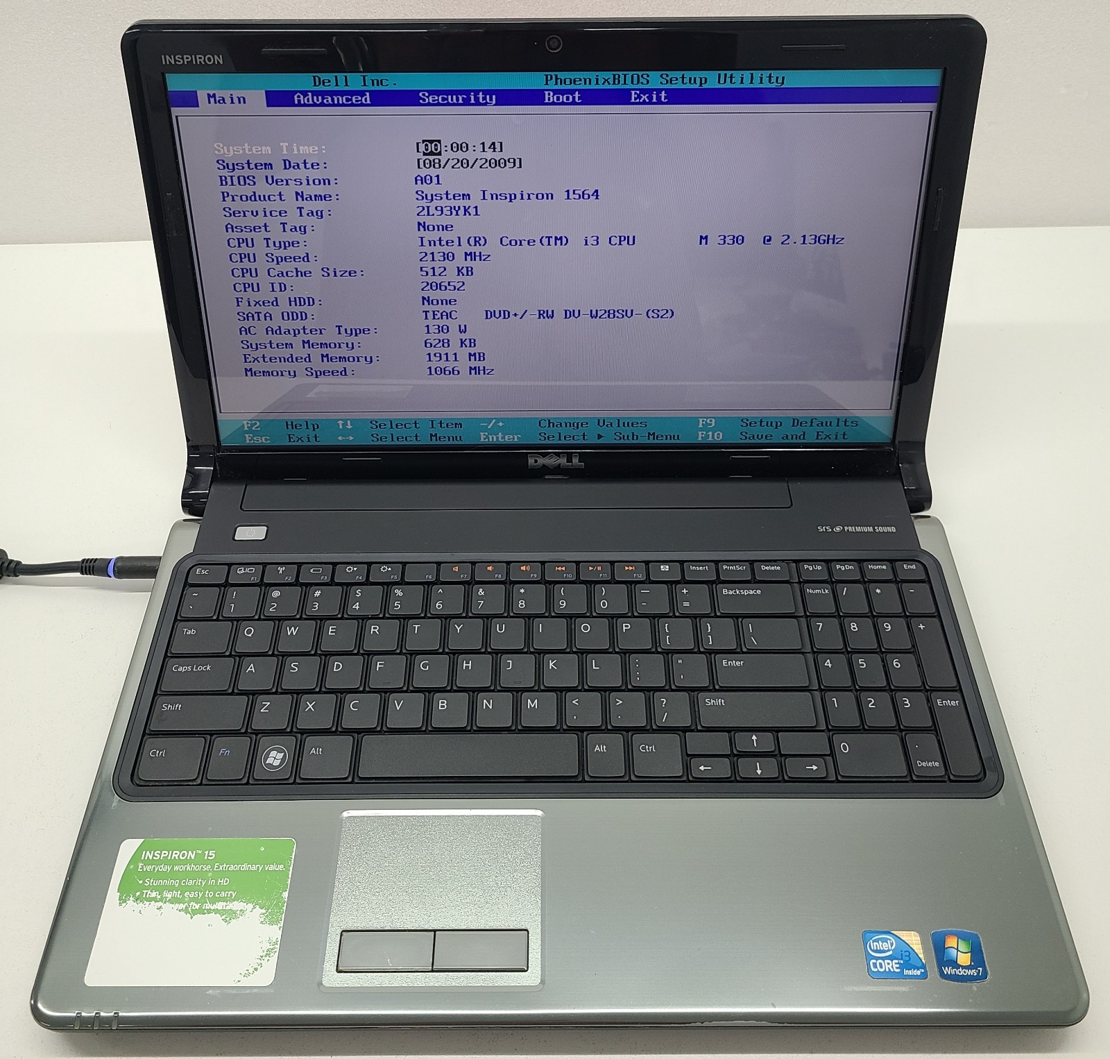 Dell Inspiron 1564 Laptop Intel I3-M330 2GB Ram NO HD/OS (FL)